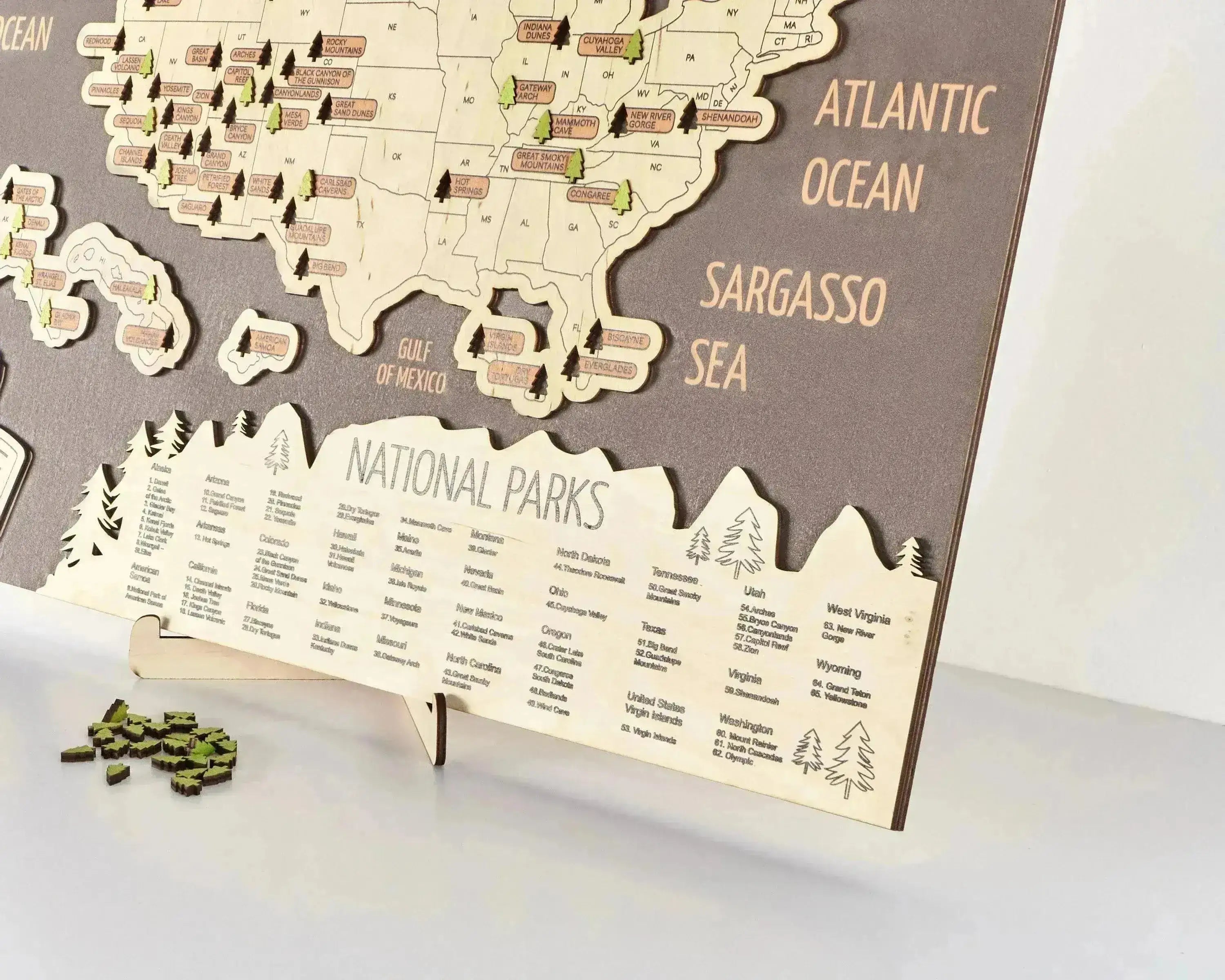 US 3D Wooden National Parks Travel Map With Trees To Record Park Visits (New Coffee) - Lemap