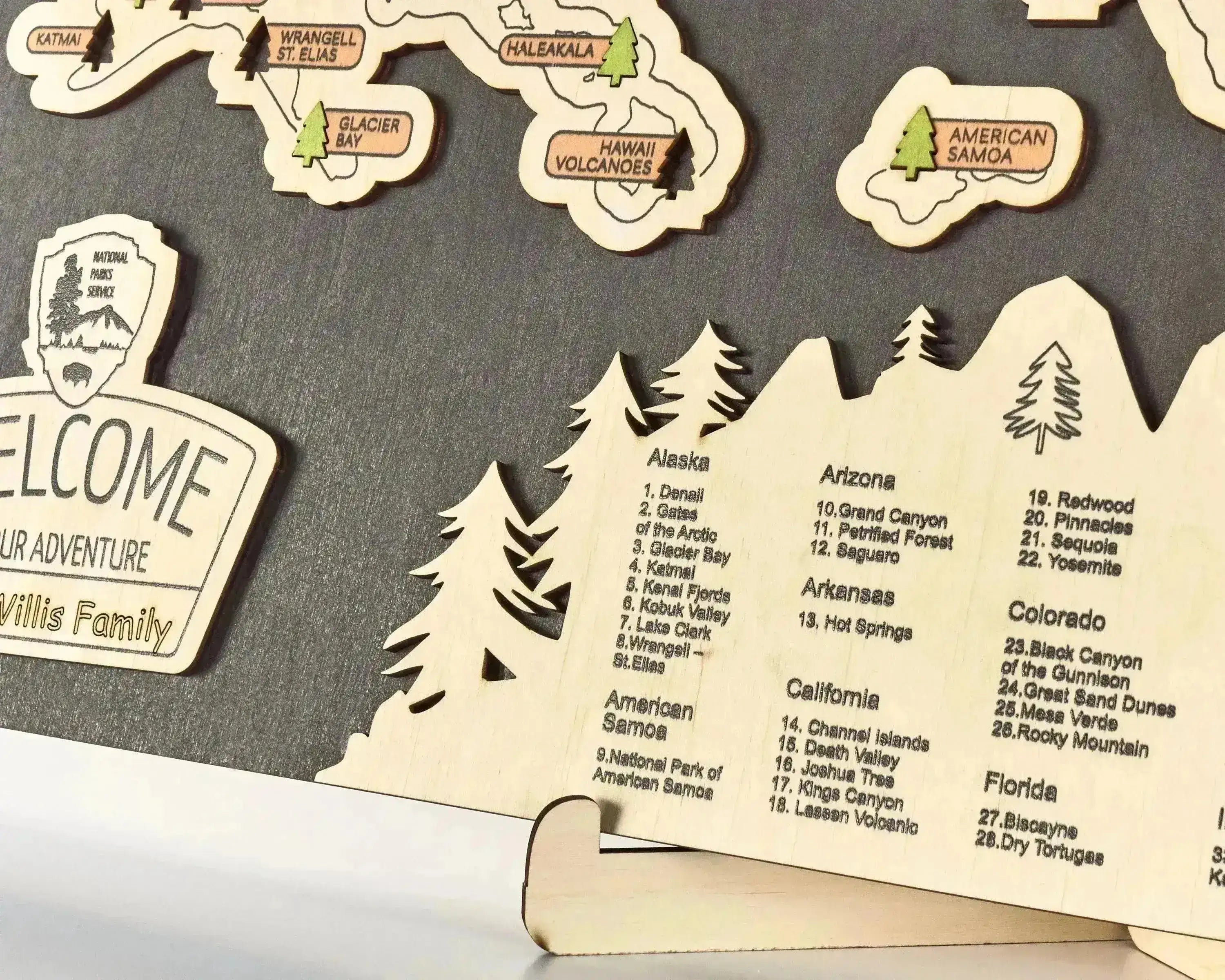 US 3D Wooden National Parks Travel Map With Trees To Record Park Visits (New Dark) - Lemap