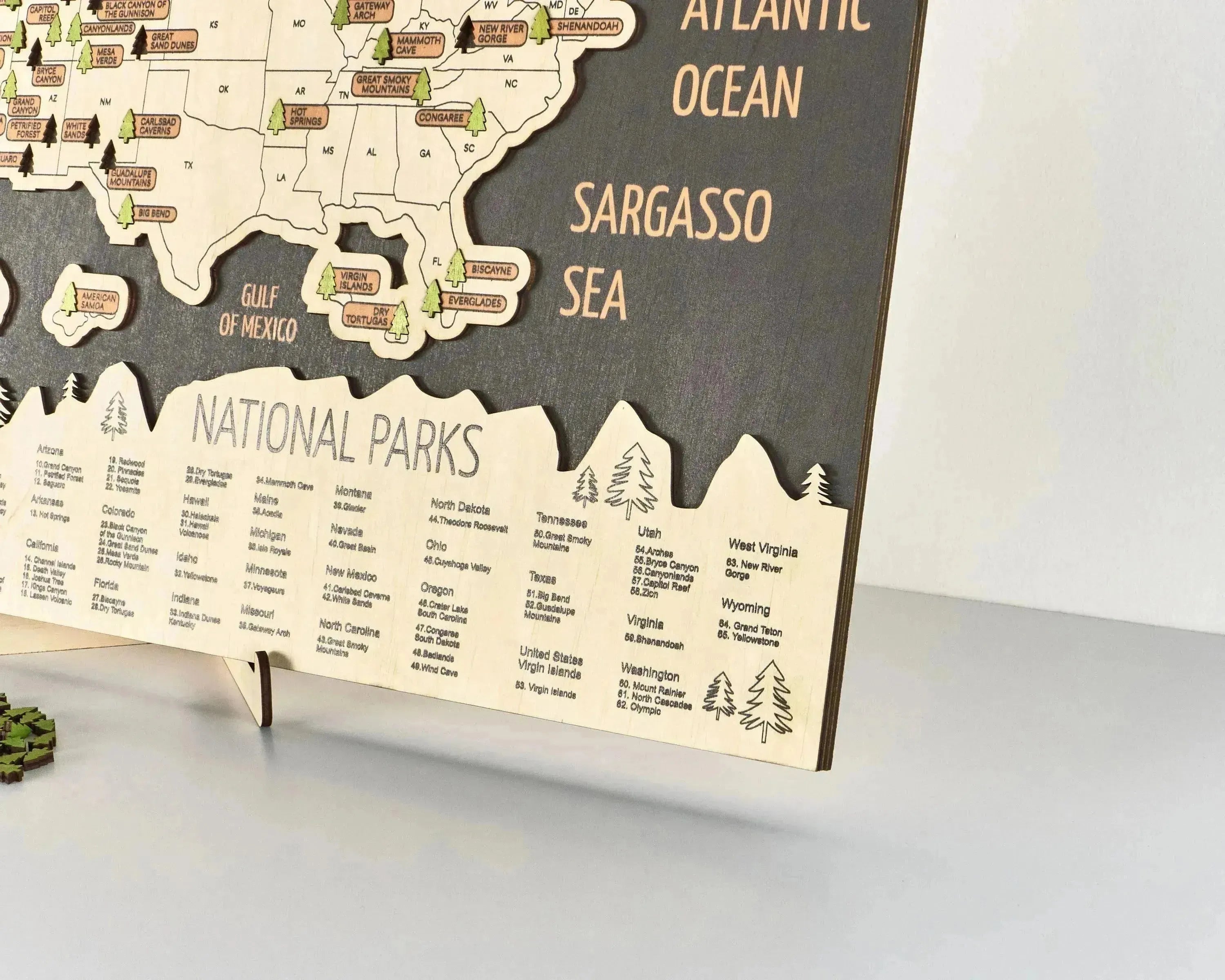 US 3D Wooden National Parks Travel Map With Trees To Record Park Visits (New Dark) - Lemap