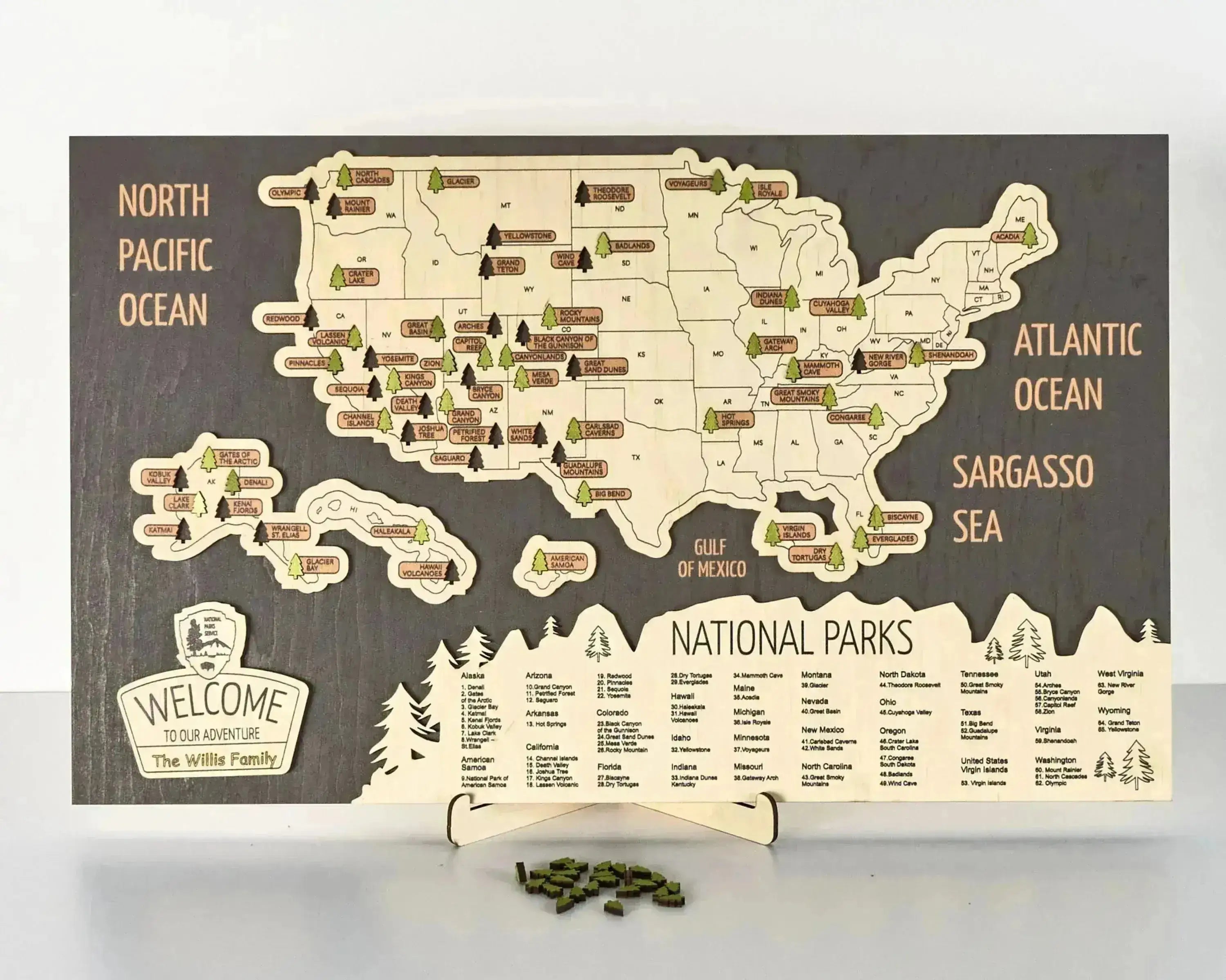 US 3D Wooden National Parks Travel Map With Trees To Record Park Visits (New Dark) - Lemap