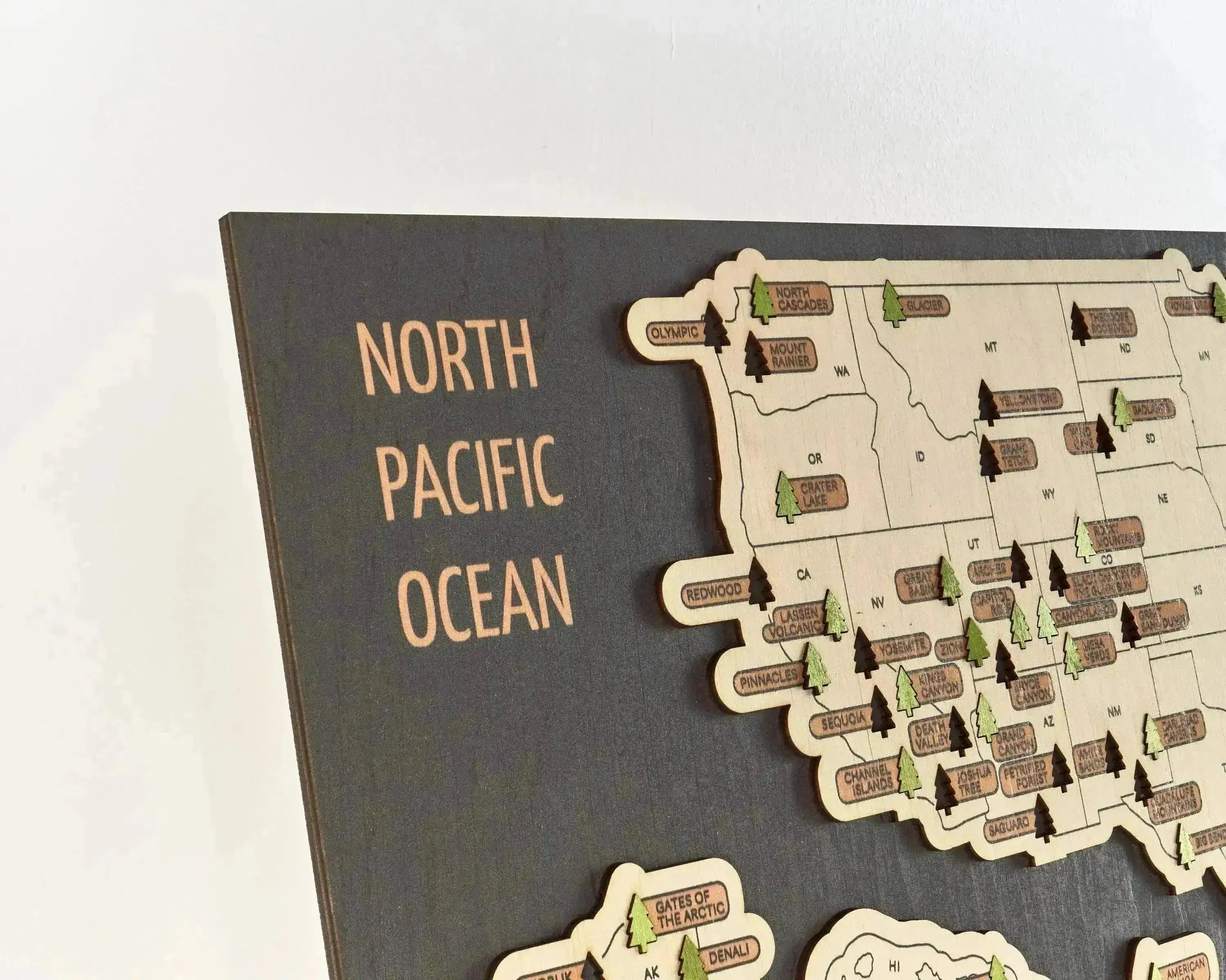 US 3D Wooden National Parks Travel Map With Trees To Record Park Visits (New Dark) - Lemap