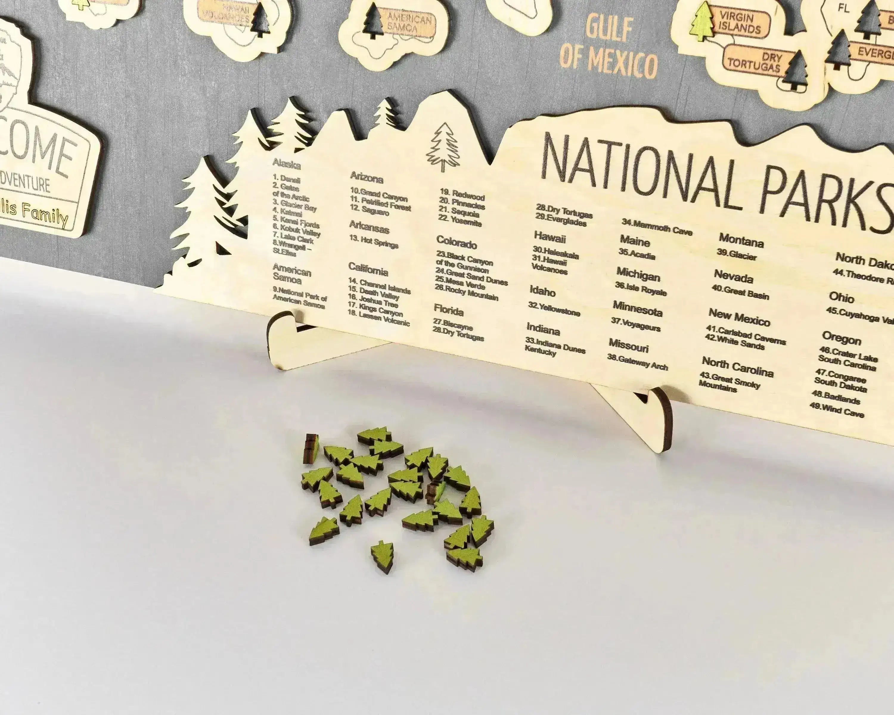 US 3D Wooden National Parks Travel Map With Trees To Record Park Visits (New Grey) - Lemap