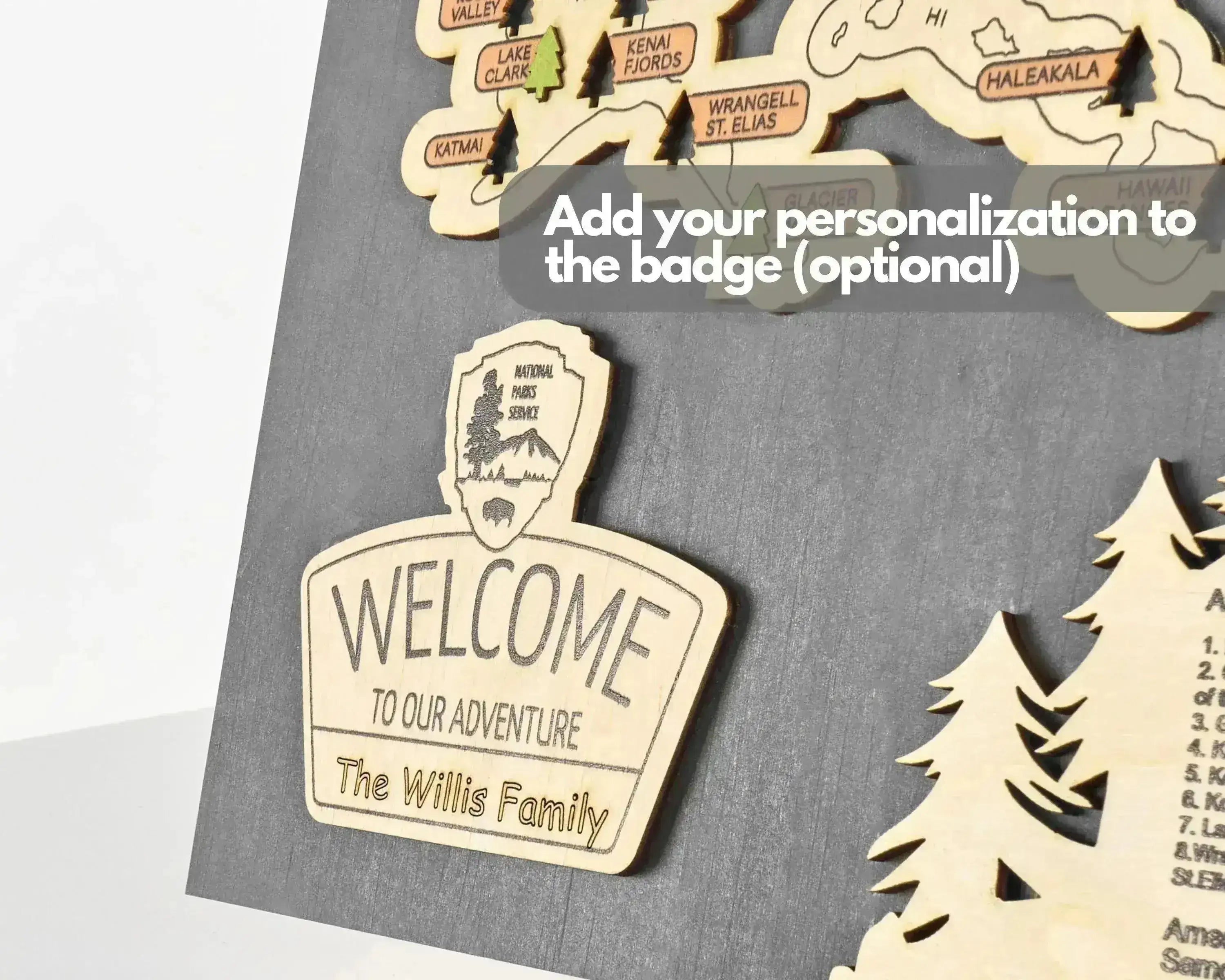 US 3D Wooden National Parks Travel Map With Trees To Record Park Visits (New Grey) - Lemap