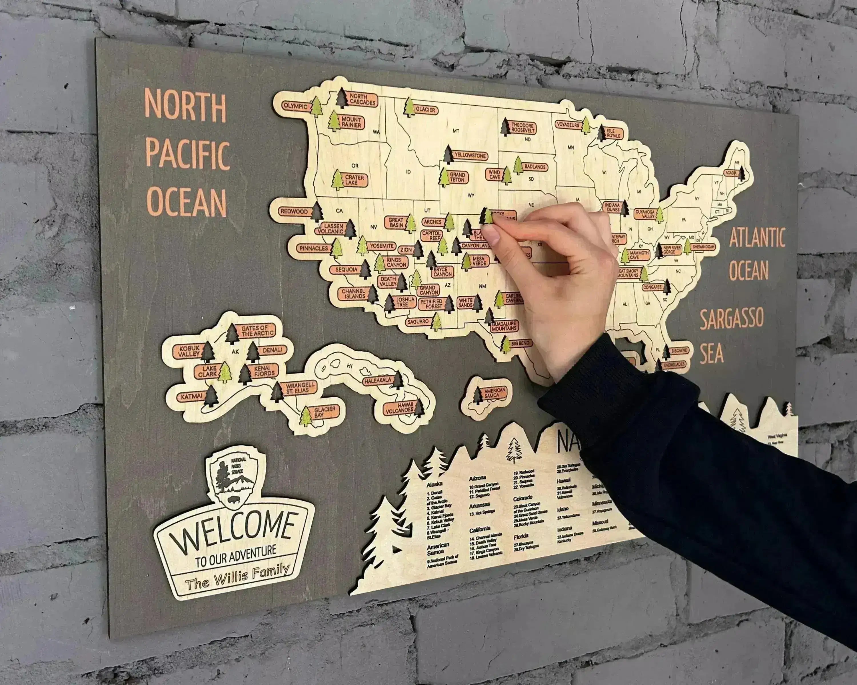 US 3D Wooden National Parks Travel Map With Trees To Record Park Visits (New Grey) - Lemap