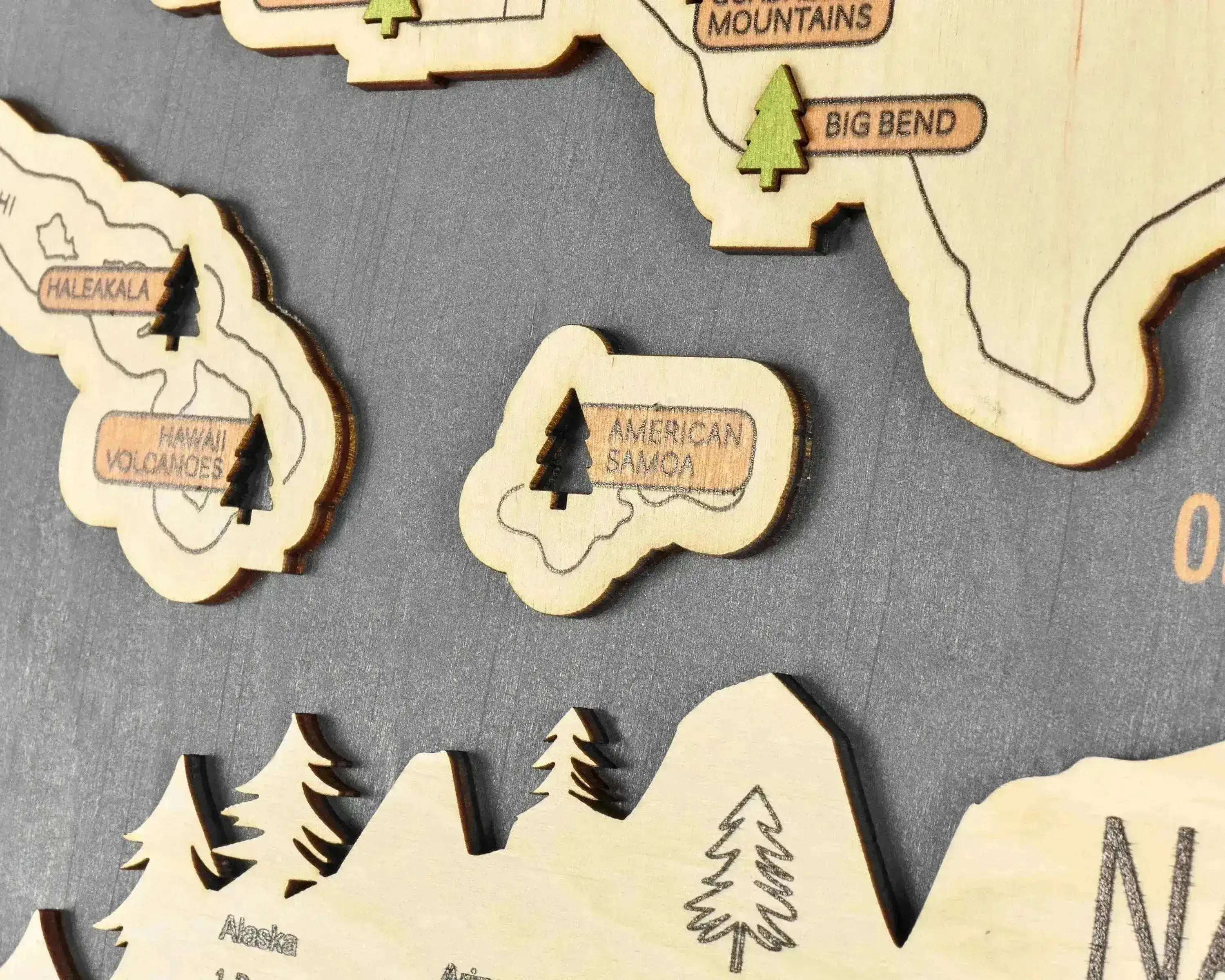 US 3D Wooden National Parks Travel Map With Trees To Record Park Visits (New Grey) - Lemap