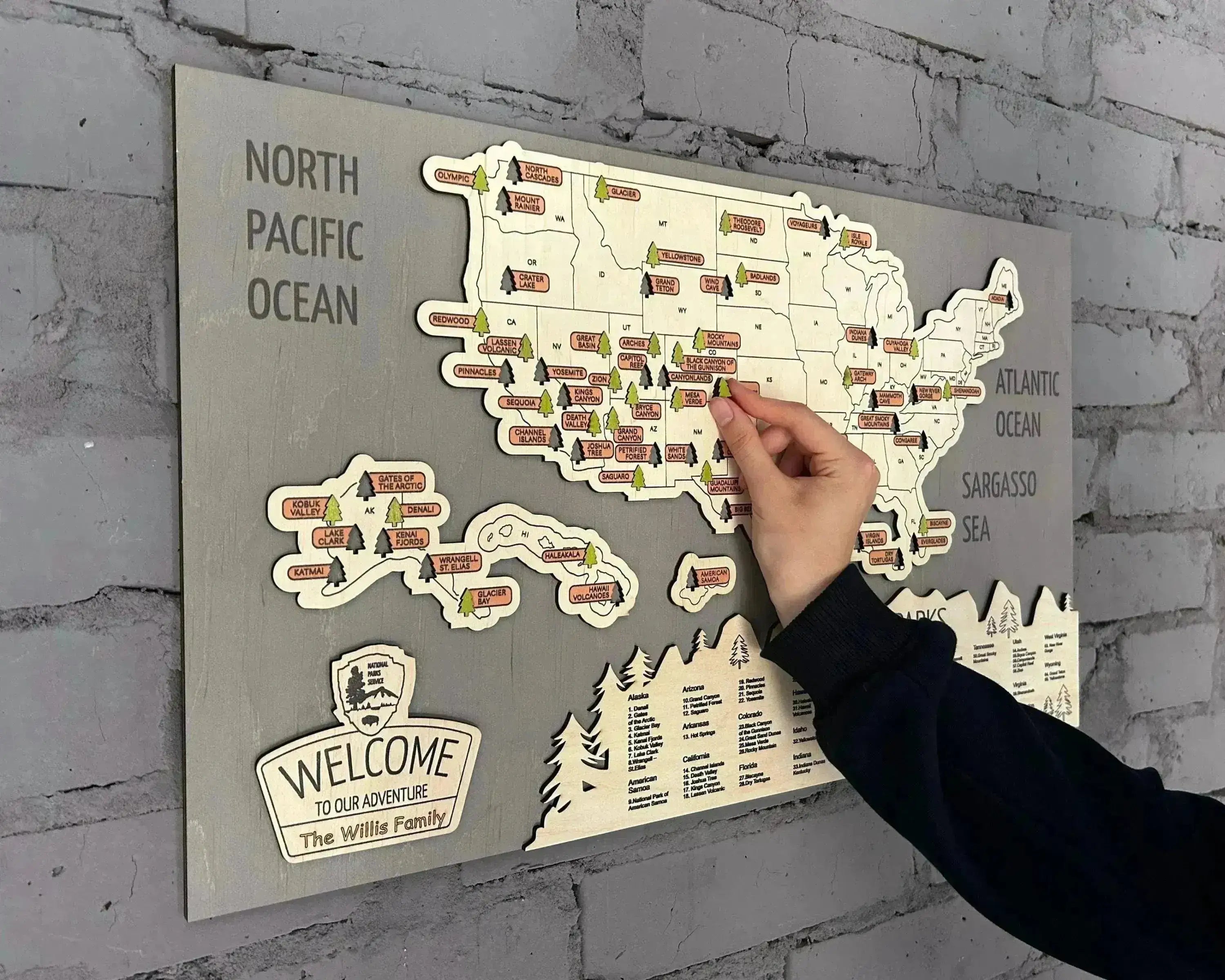 US 3D Wooden National Parks Travel Map With Trees To Record Park Visits (New Light Grey) - Lemap
