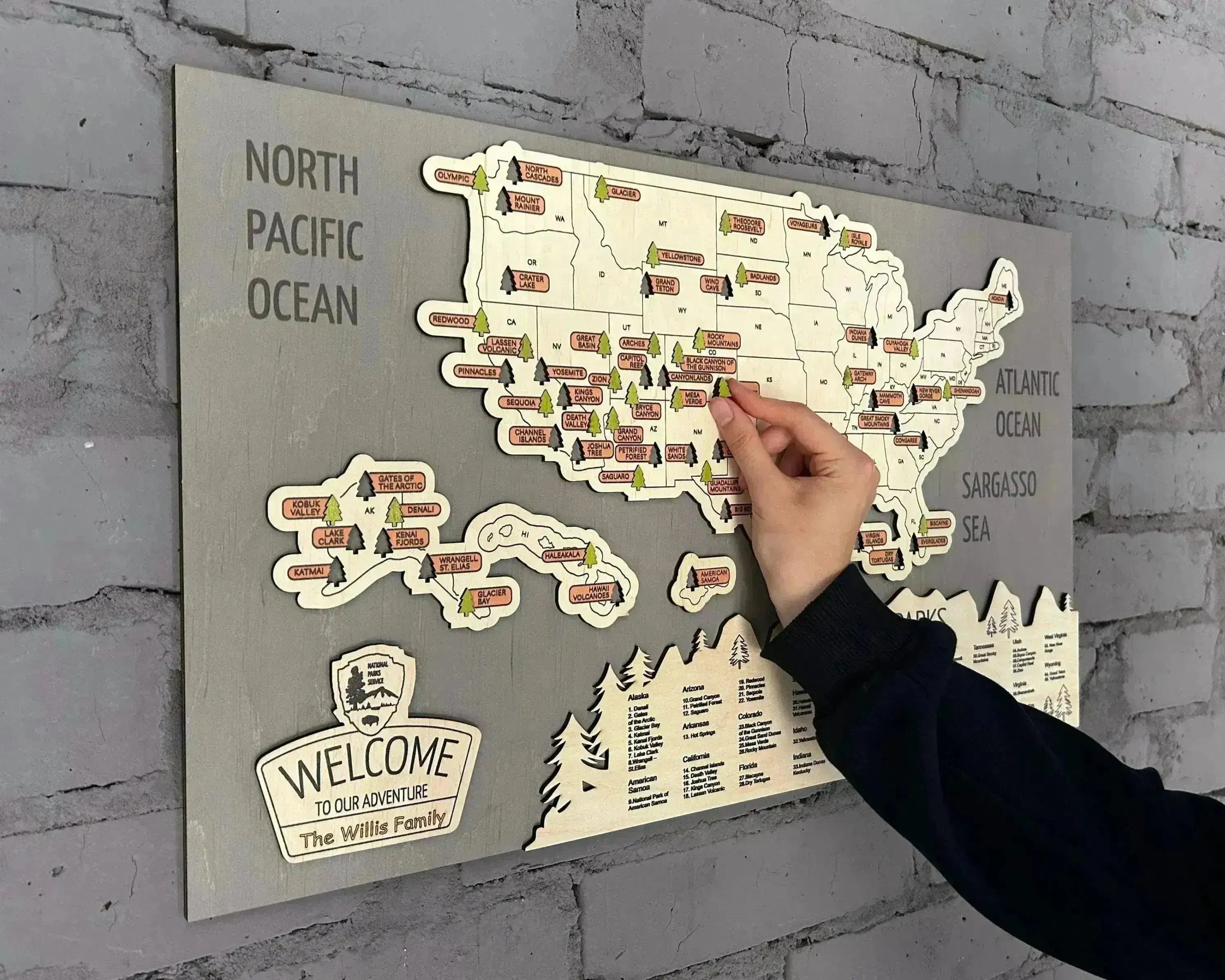 US 3D Wooden National Parks Travel Map With Trees To Record Park Visits (New Light Grey) - Lemap