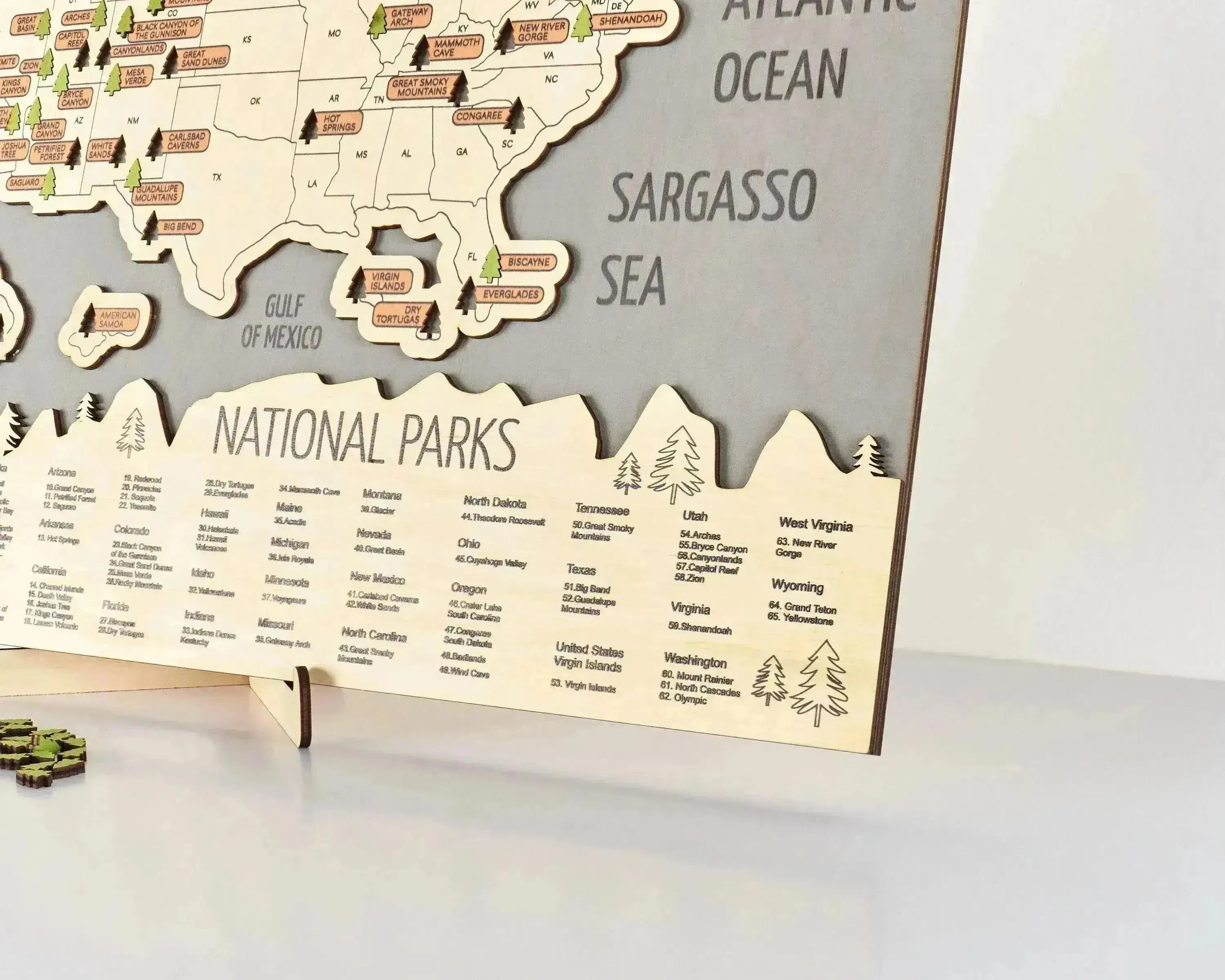 US 3D Wooden National Parks Travel Map With Trees To Record Park Visits (New Light Grey) - Lemap