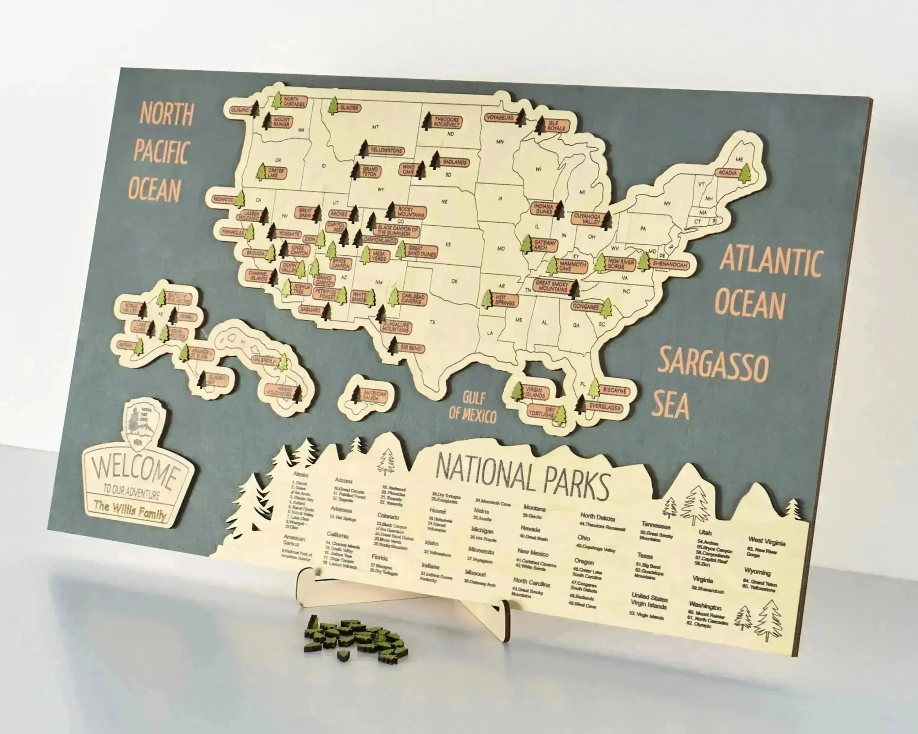 US 3D Wooden National Parks Travel Map With Trees To Record Park Visits (Sea Breeze) - Lemap