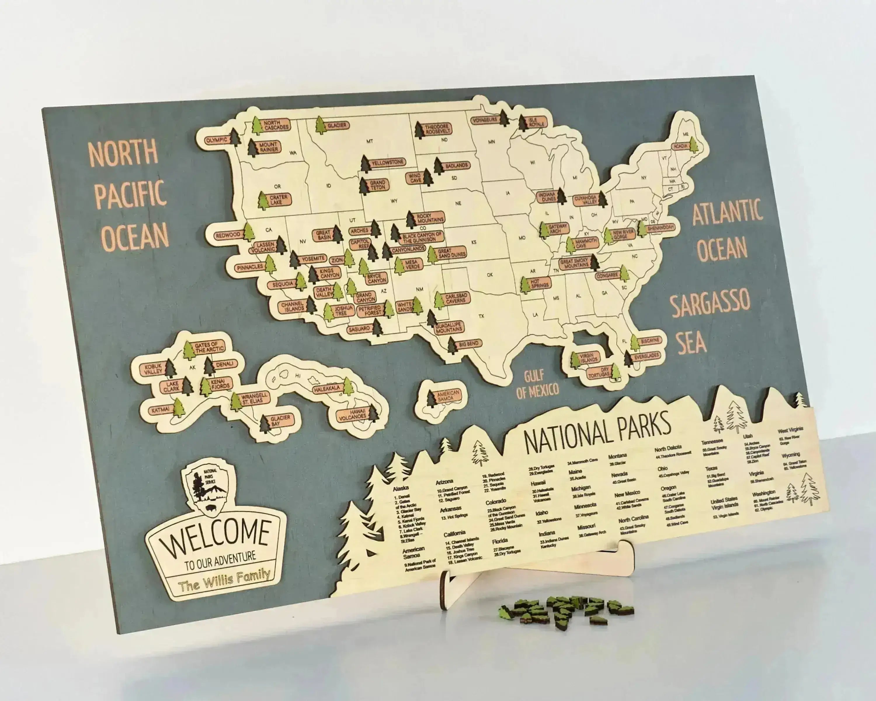 US 3D Wooden National Parks Travel Map With Trees To Record Park Visits (Sea Breeze) - Lemap