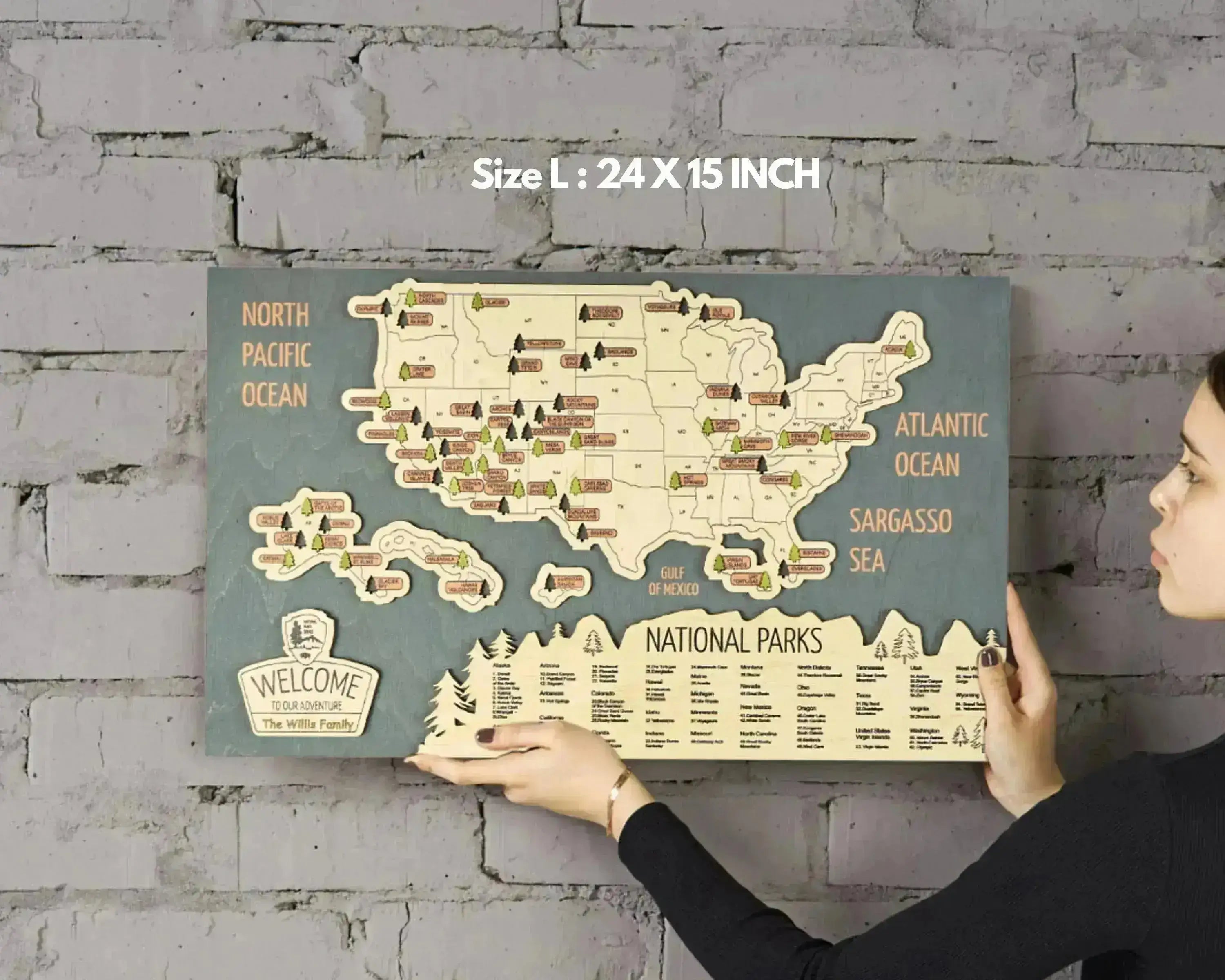 US 3D Wooden National Parks Travel Map With Trees To Record Park Visits (Sea Breeze) - Lemap