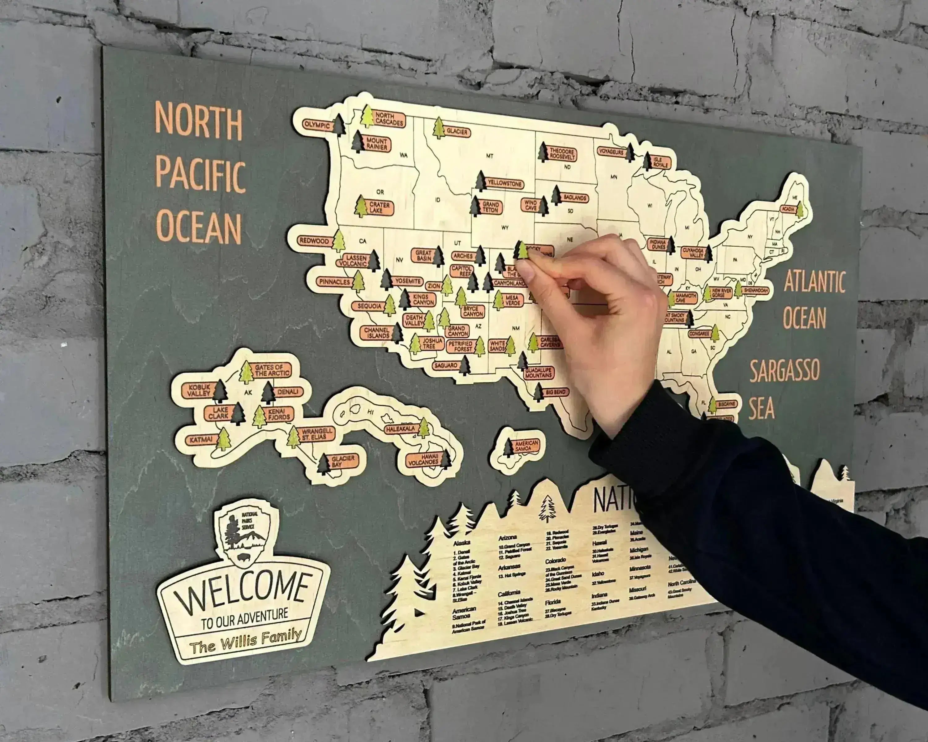 US 3D Wooden National Parks Travel Map With Trees To Record Park Visits (Sea Breeze) - Lemap