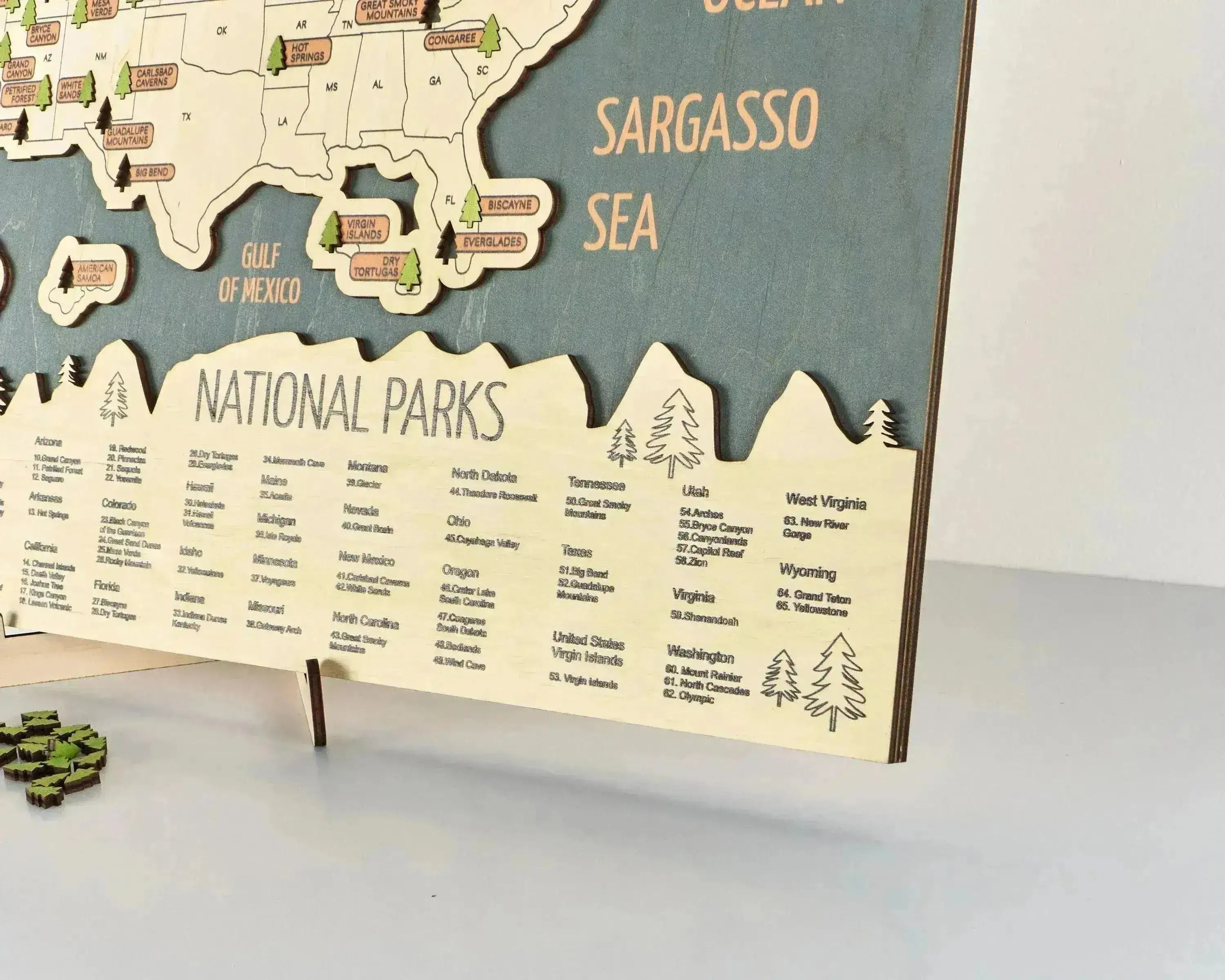 US 3D Wooden National Parks Travel Map With Trees To Record Park Visits (Sea Breeze) - Lemap