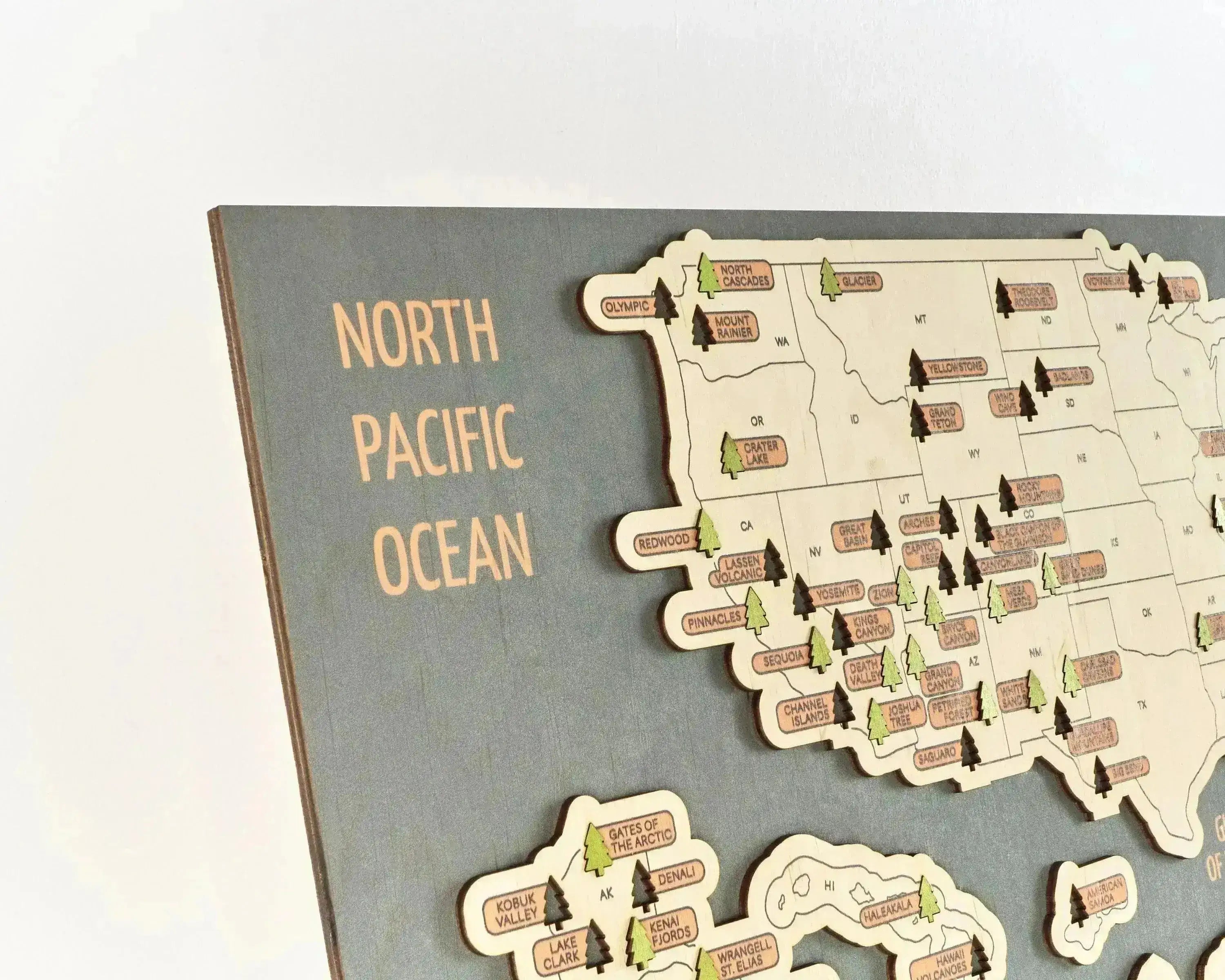 US 3D Wooden National Parks Travel Map With Trees To Record Park Visits (Sea Breeze) - Lemap
