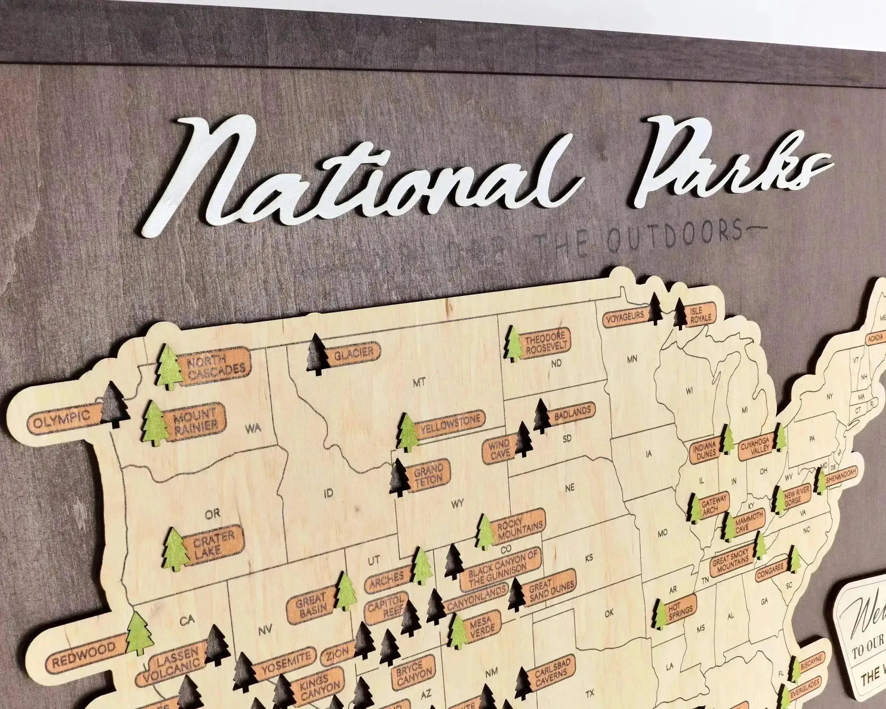 US Wooden National Parks Travel Map With Trees To Record Park Visits (Coffee) - Lemap