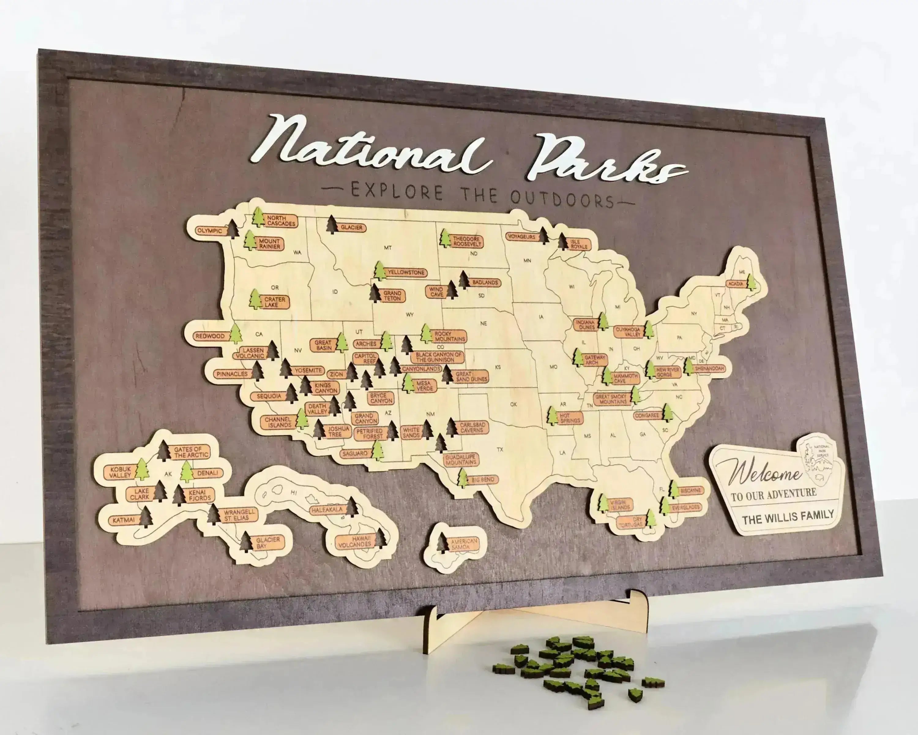 US Wooden National Parks Travel Map With Trees To Record Park Visits (Coffee) - Lemap