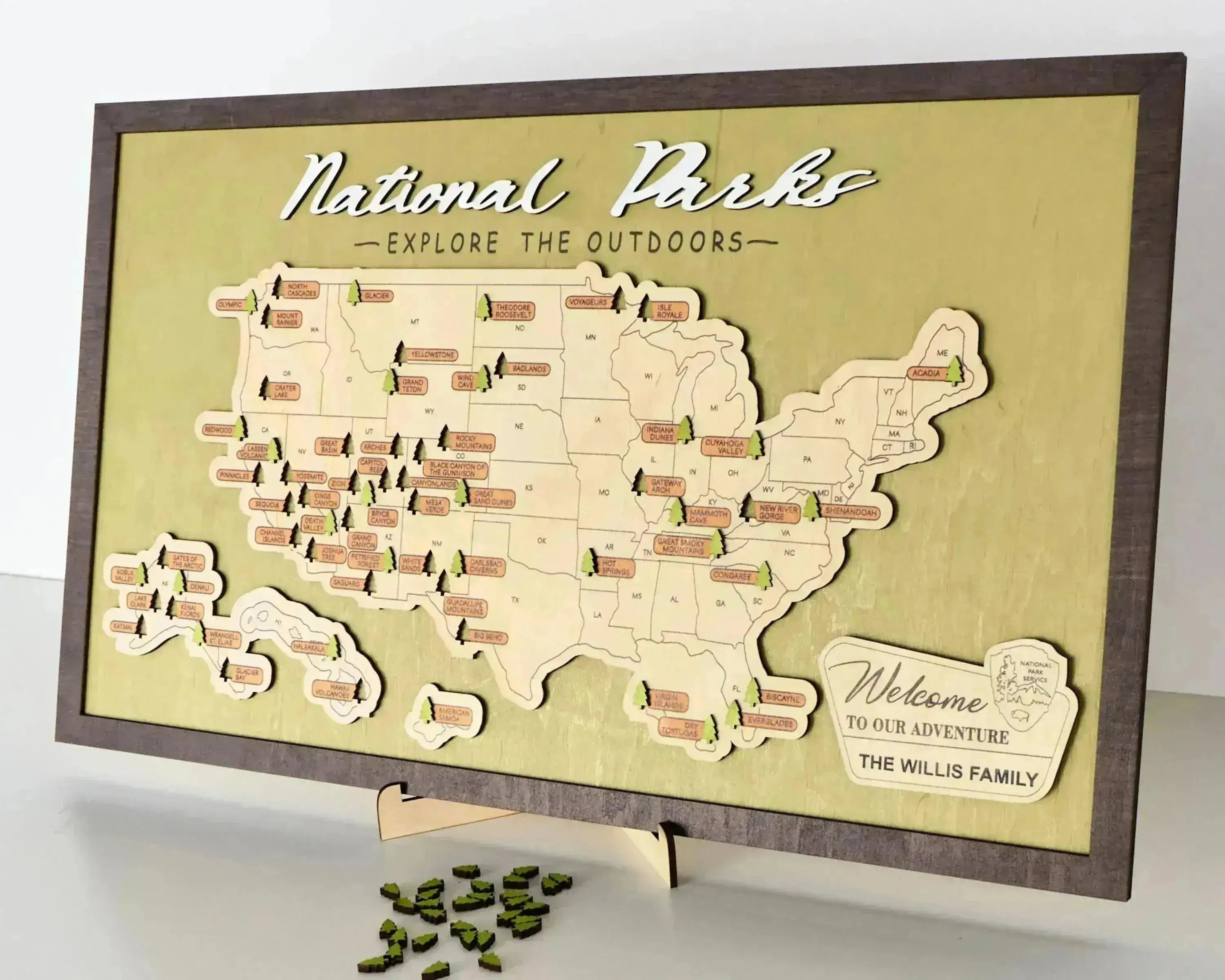 US Wooden National Parks Travel Map With Trees To Record Park Visits (Green) - Lemap