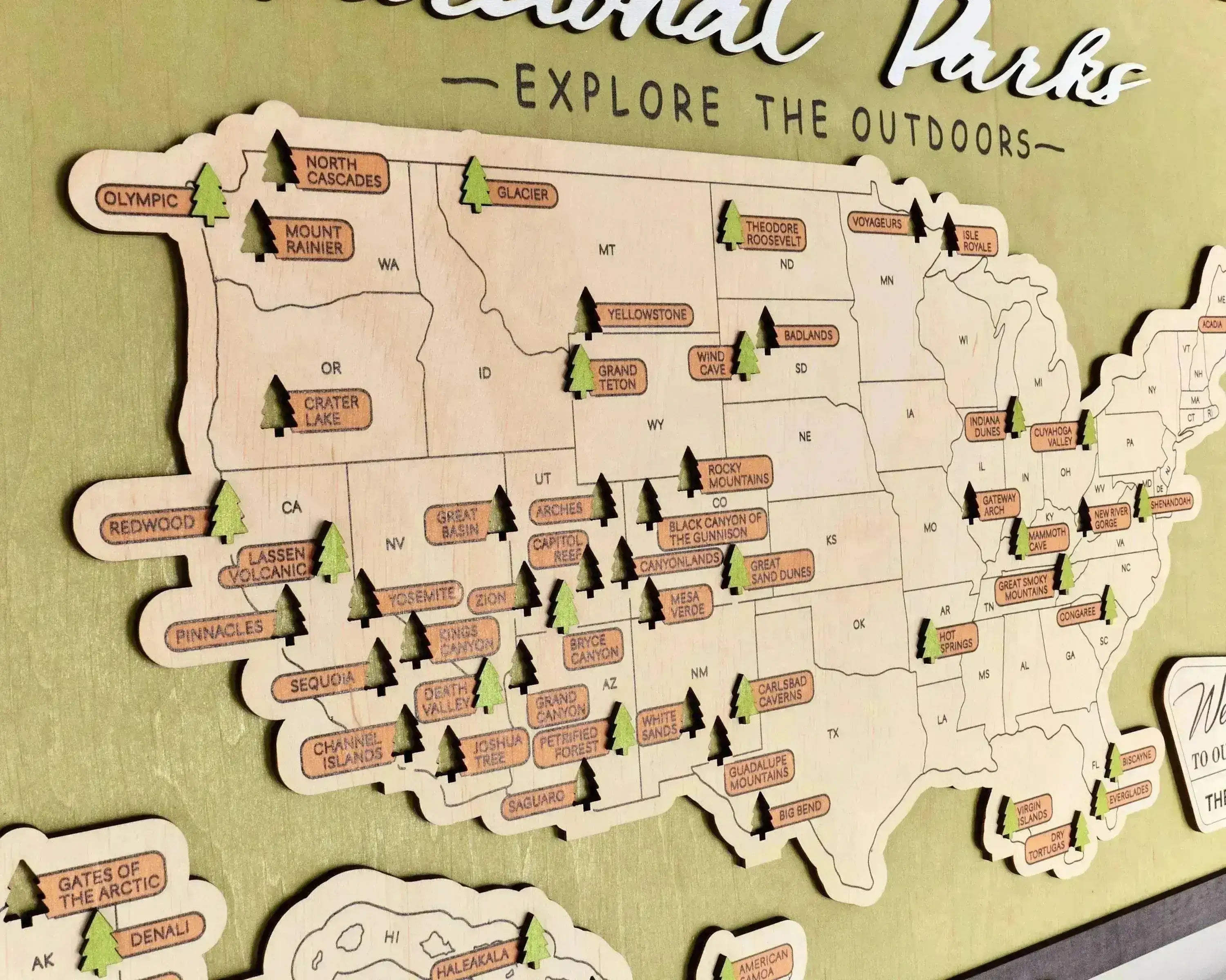US Wooden National Parks Travel Map With Trees To Record Park Visits (Green) - Lemap