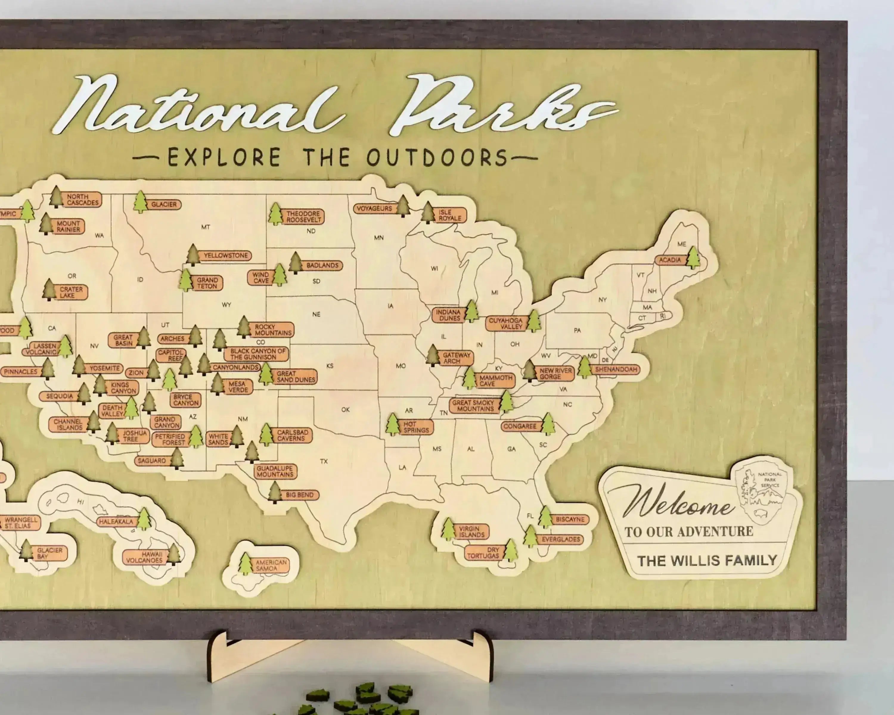 US Wooden National Parks Travel Map With Trees To Record Park Visits (Green) - Lemap