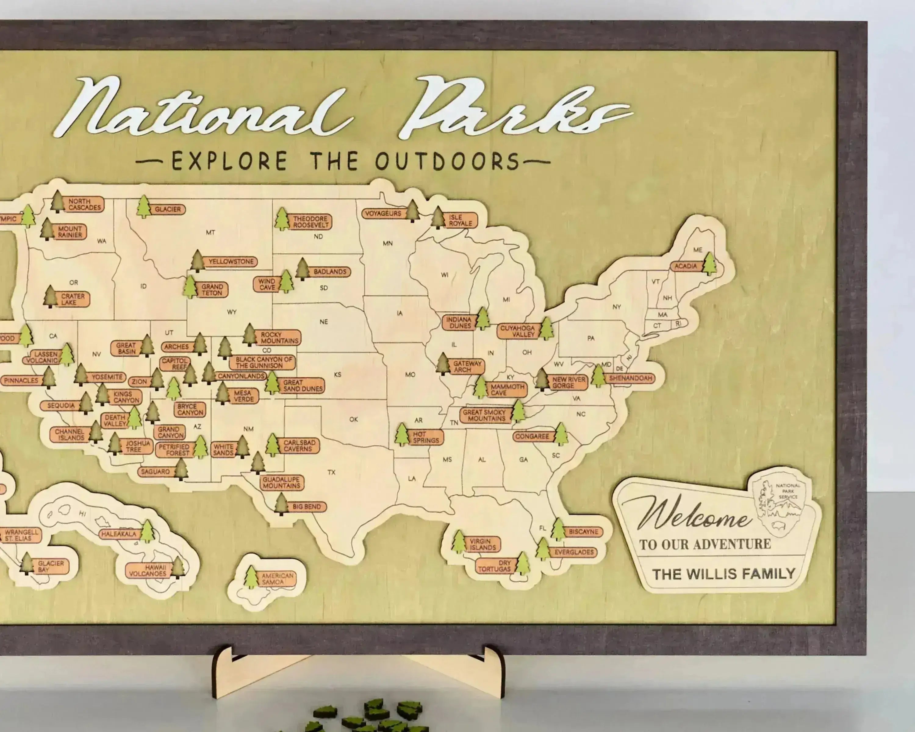 US Wooden National Parks Travel Map With Trees To Record Park Visits (Green) - Lemap