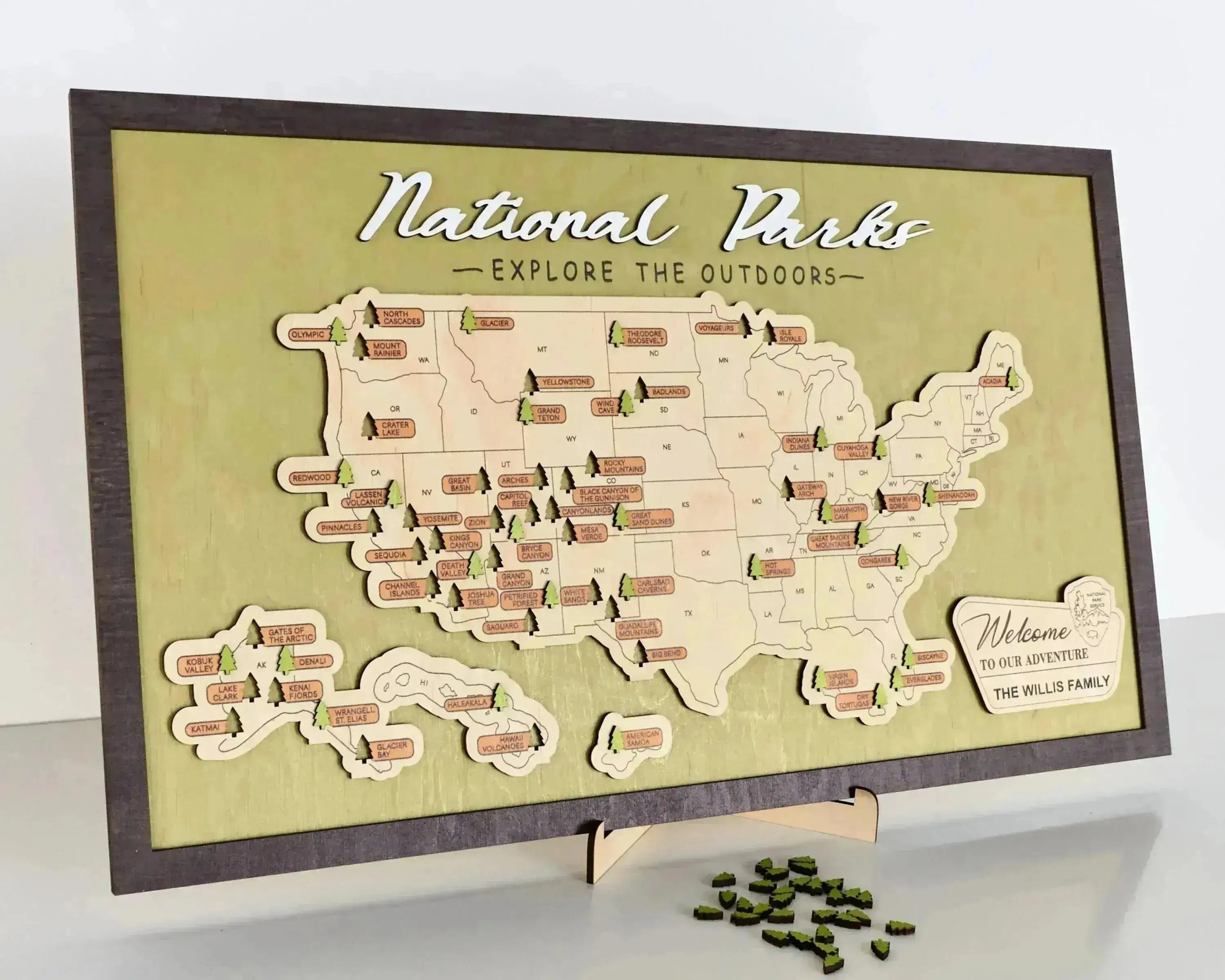 US Wooden National Parks Travel Map With Trees To Record Park Visits (Green) - Lemap