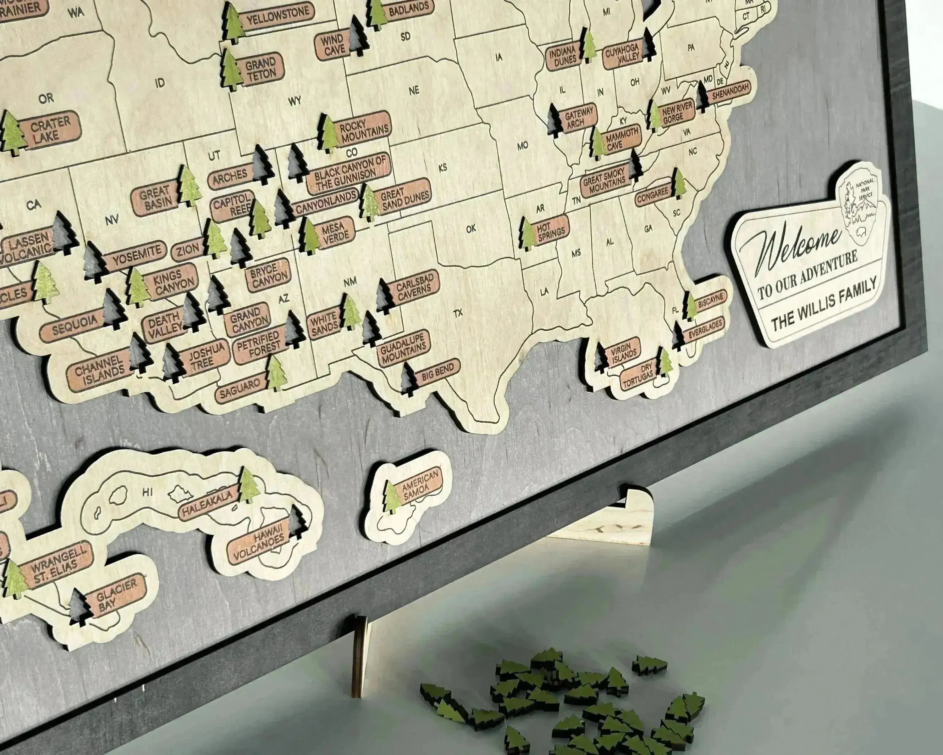 US Wooden National Parks Travel Map With Trees To Record Park Visits (Light Grey) - Lemap