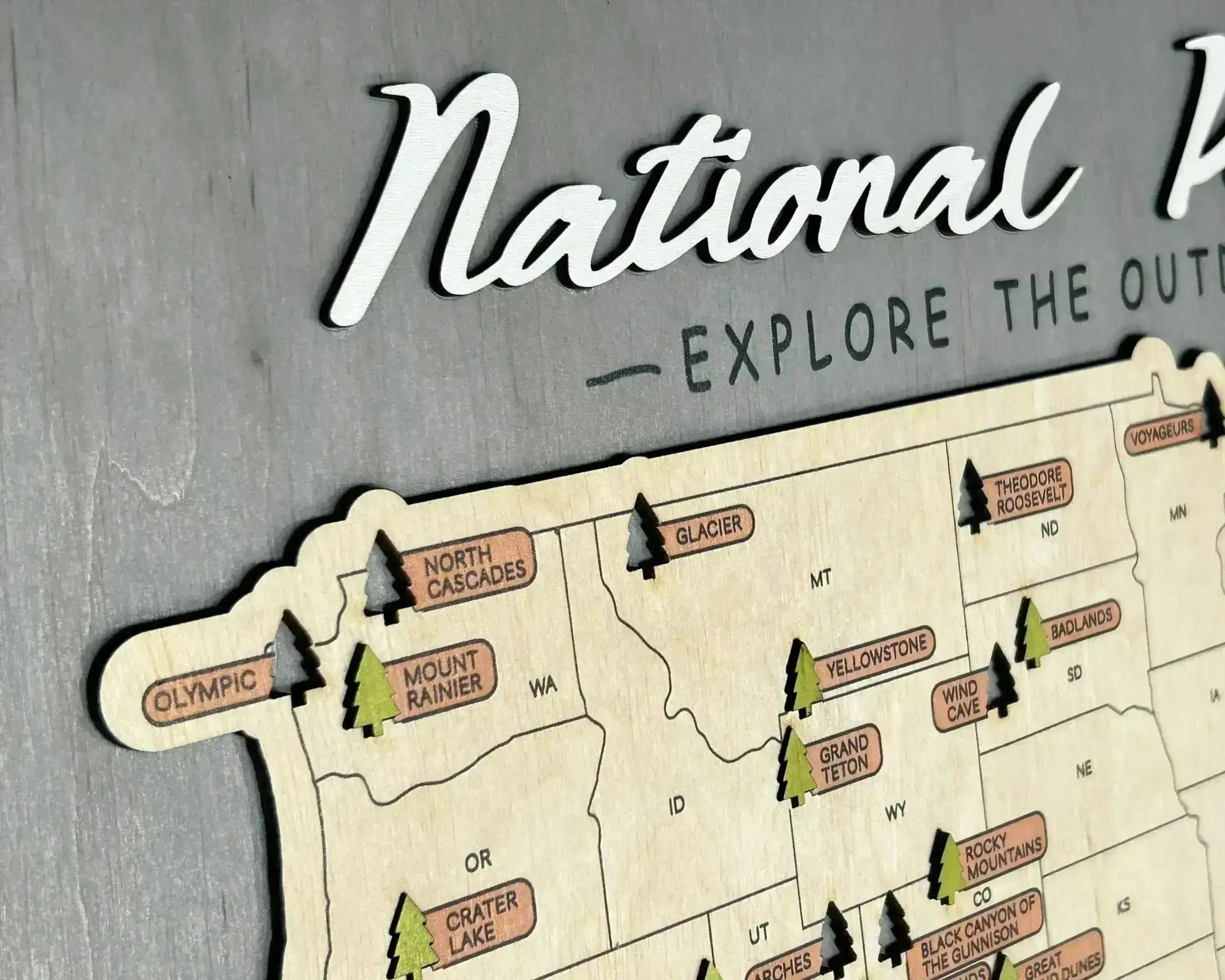 US Wooden National Parks Travel Map With Trees To Record Park Visits (Light Grey) - Lemap