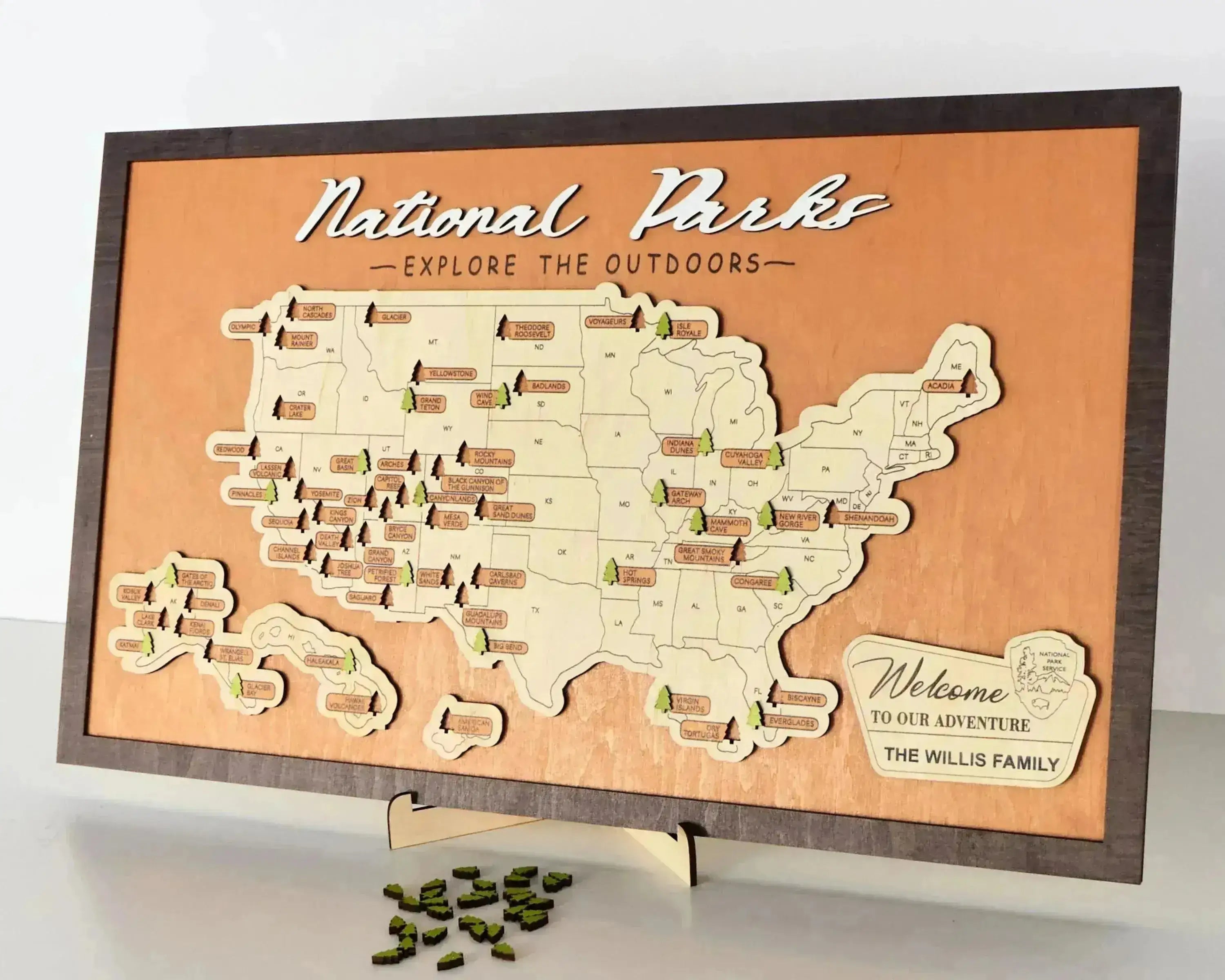 US Wooden National Parks Travel Map With Trees To Record Park Visits (Light Walnut) - Lemap
