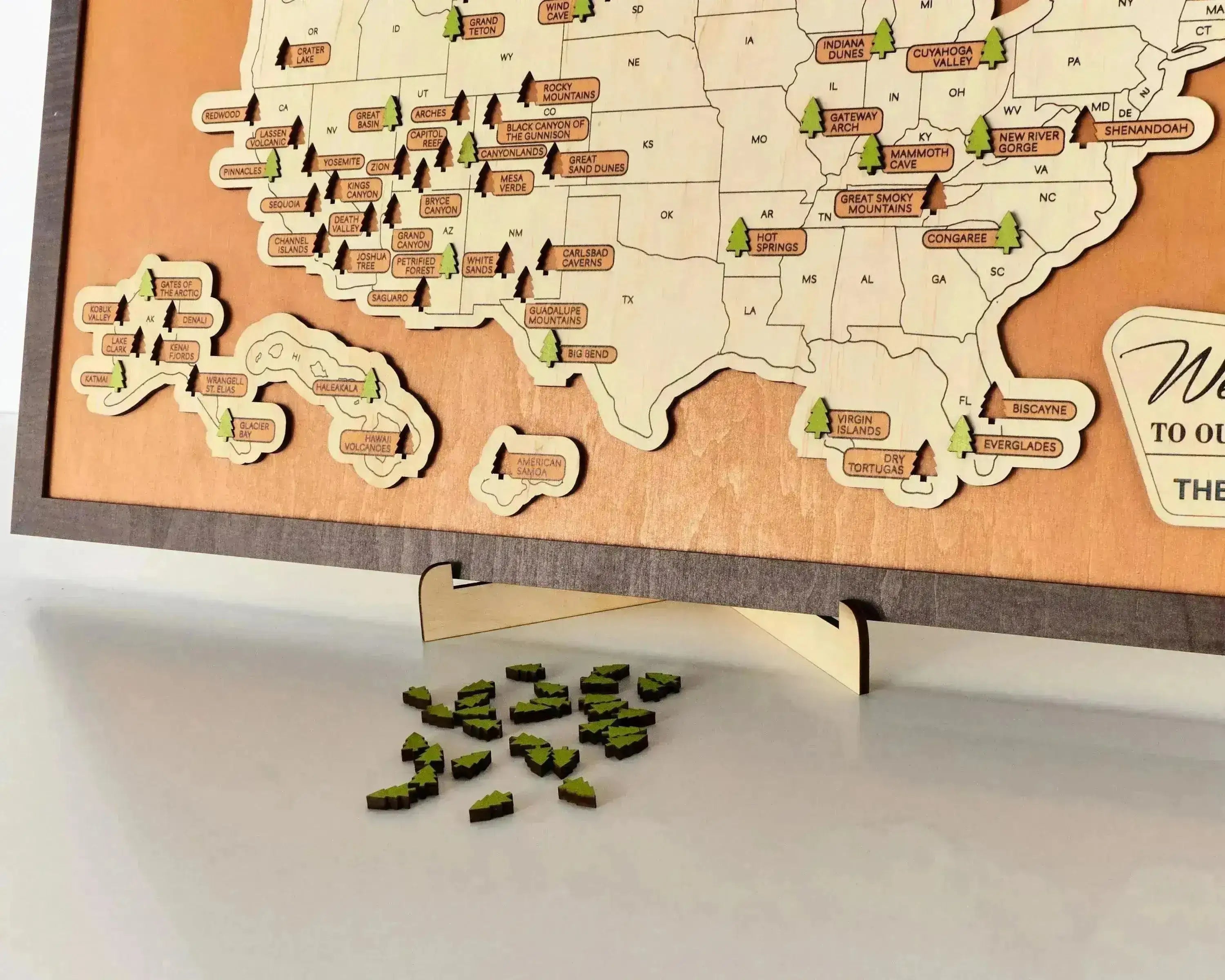 US Wooden National Parks Travel Map With Trees To Record Park Visits (Light Walnut) - Lemap