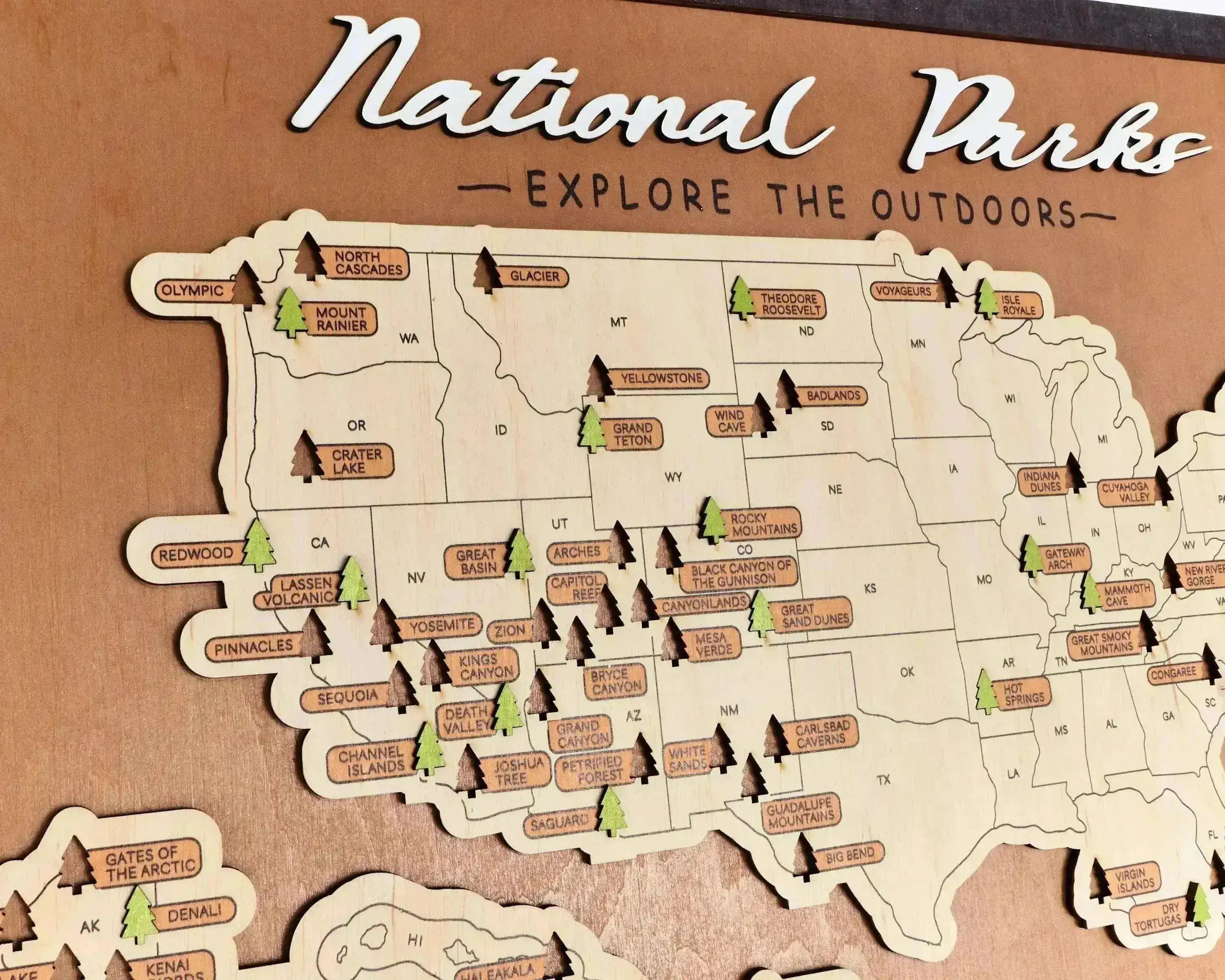 US Wooden National Parks Travel Map With Trees To Record Park Visits (Light Walnut) - Lemap