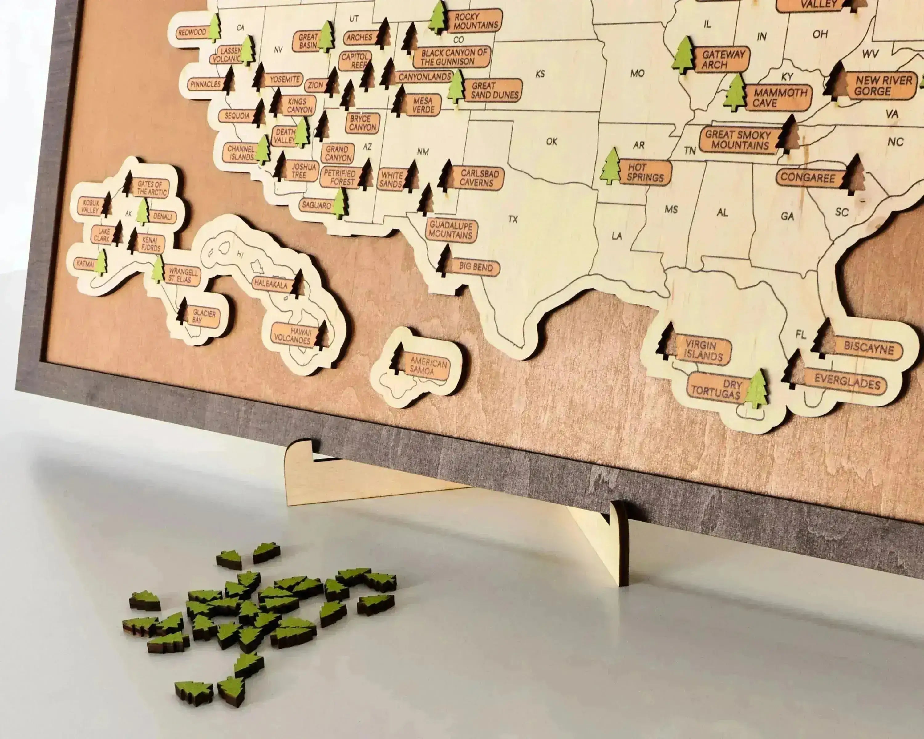 US Wooden National Parks Travel Map With Trees To Record Park Visits (Palisander) - Lemap