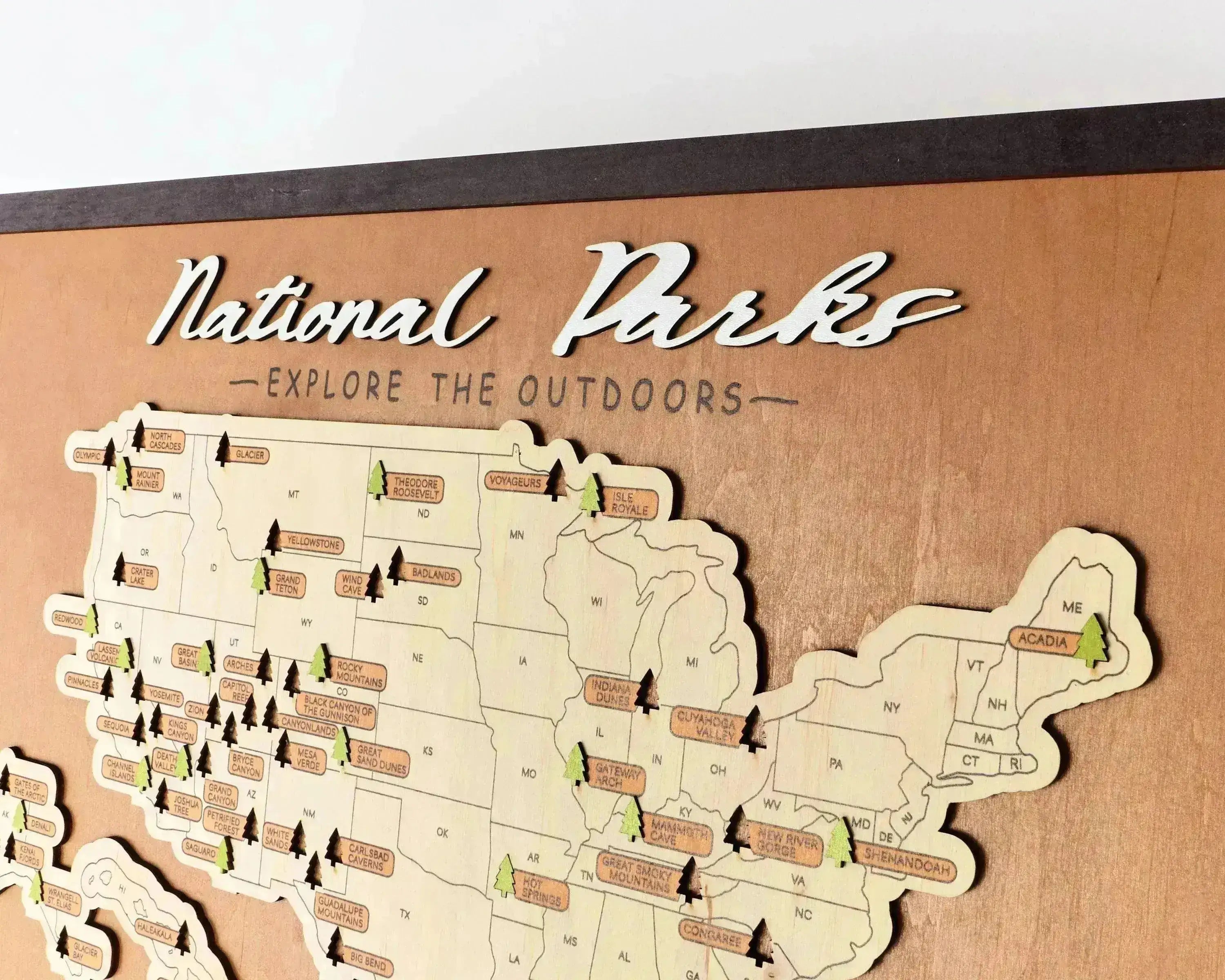 US Wooden National Parks Travel Map With Trees To Record Park Visits (Palisander) - Lemap