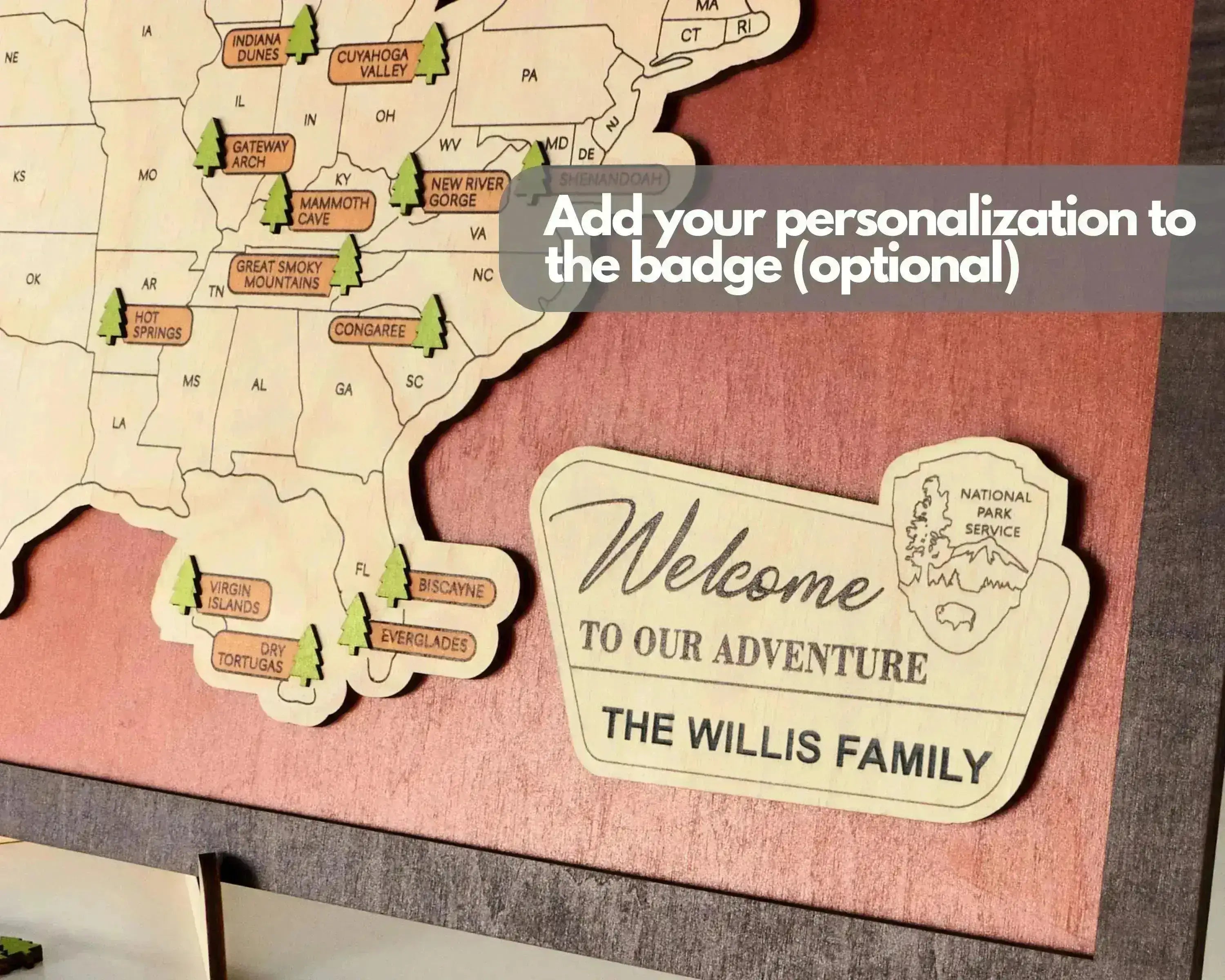 US Wooden National Parks Travel Map With Trees To Record Park Visits (Red) - Lemap