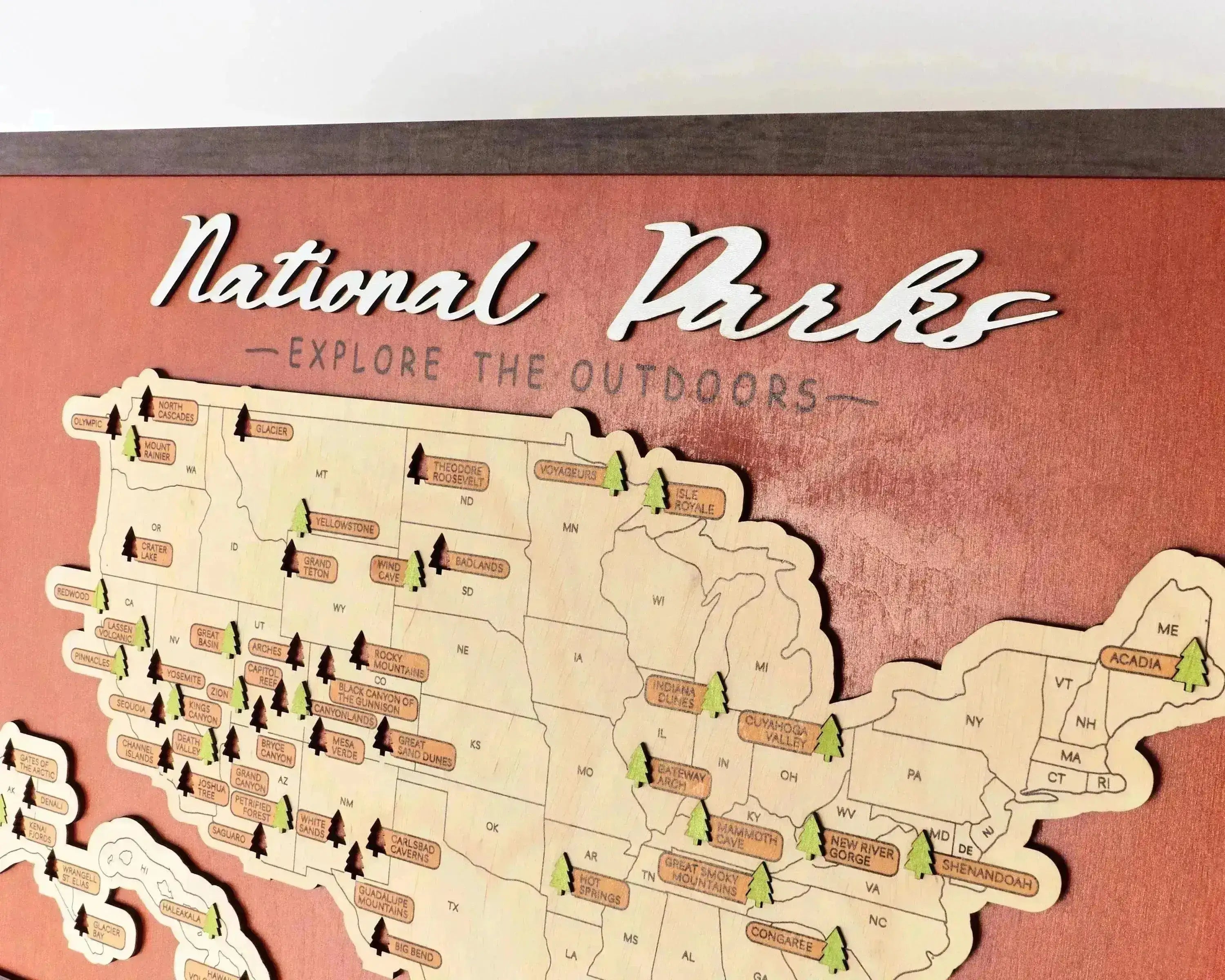 US Wooden National Parks Travel Map With Trees To Record Park Visits (Red) - Lemap