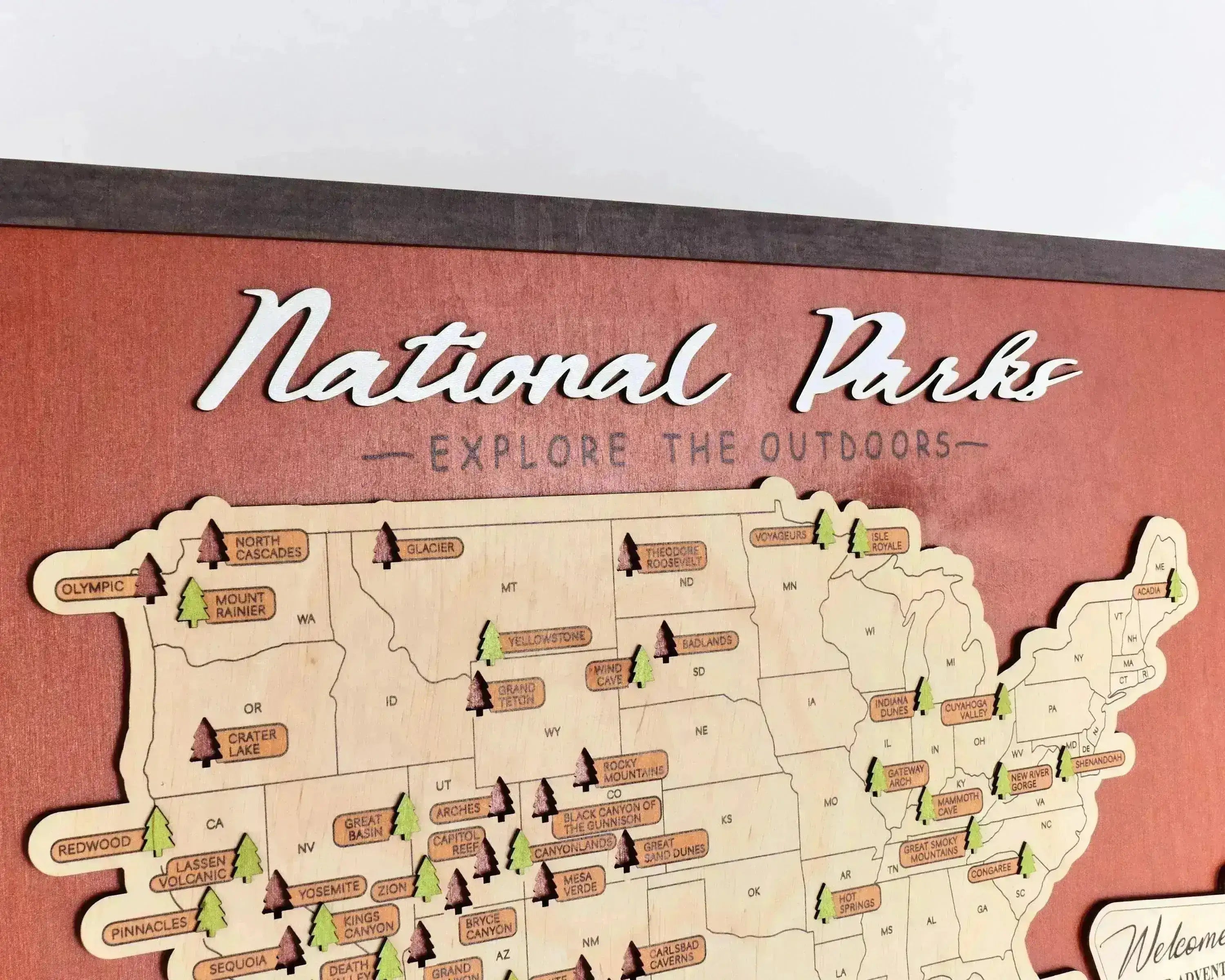 US Wooden National Parks Travel Map With Trees To Record Park Visits (Red) - Lemap
