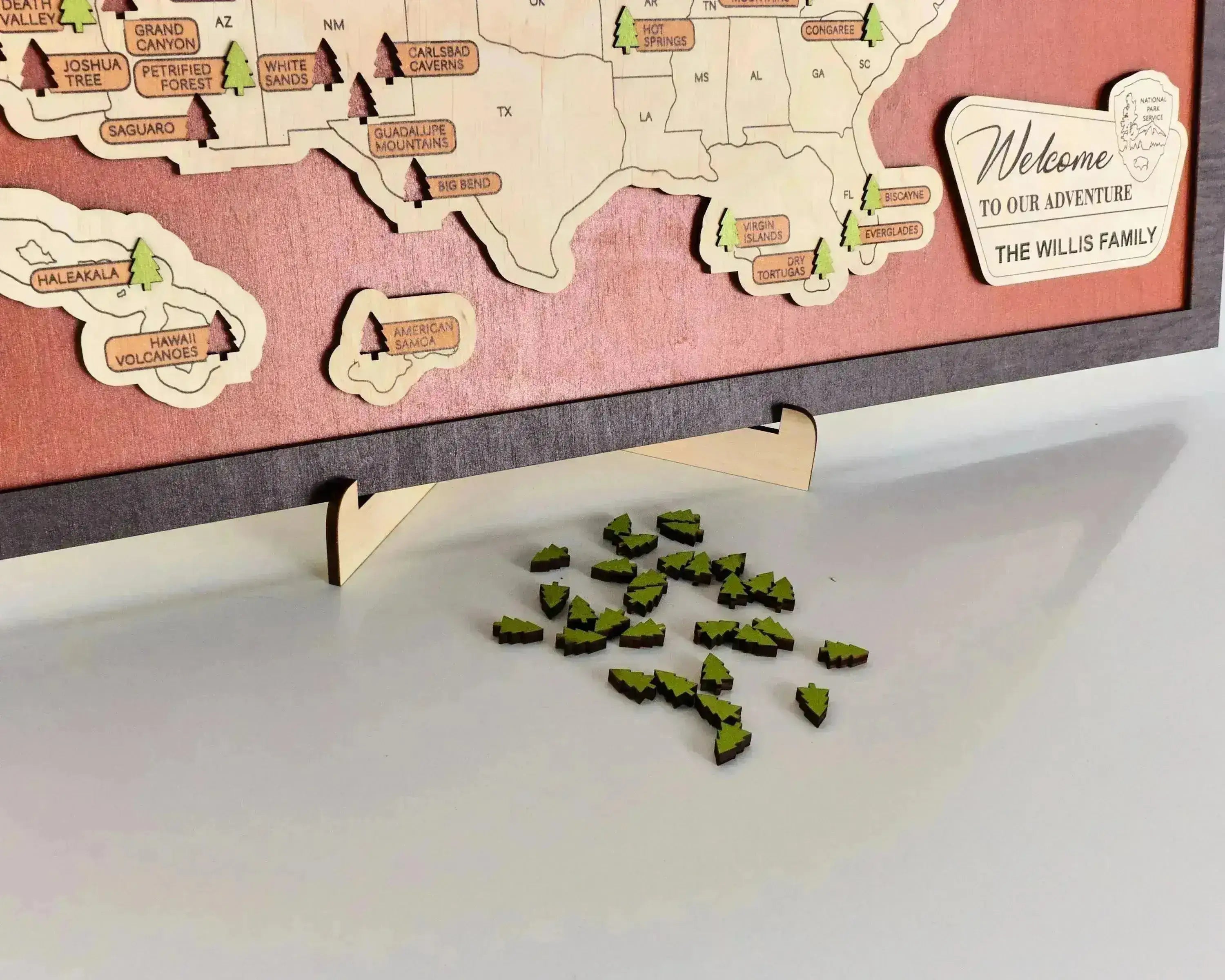 US Wooden National Parks Travel Map With Trees To Record Park Visits (Red) - Lemap