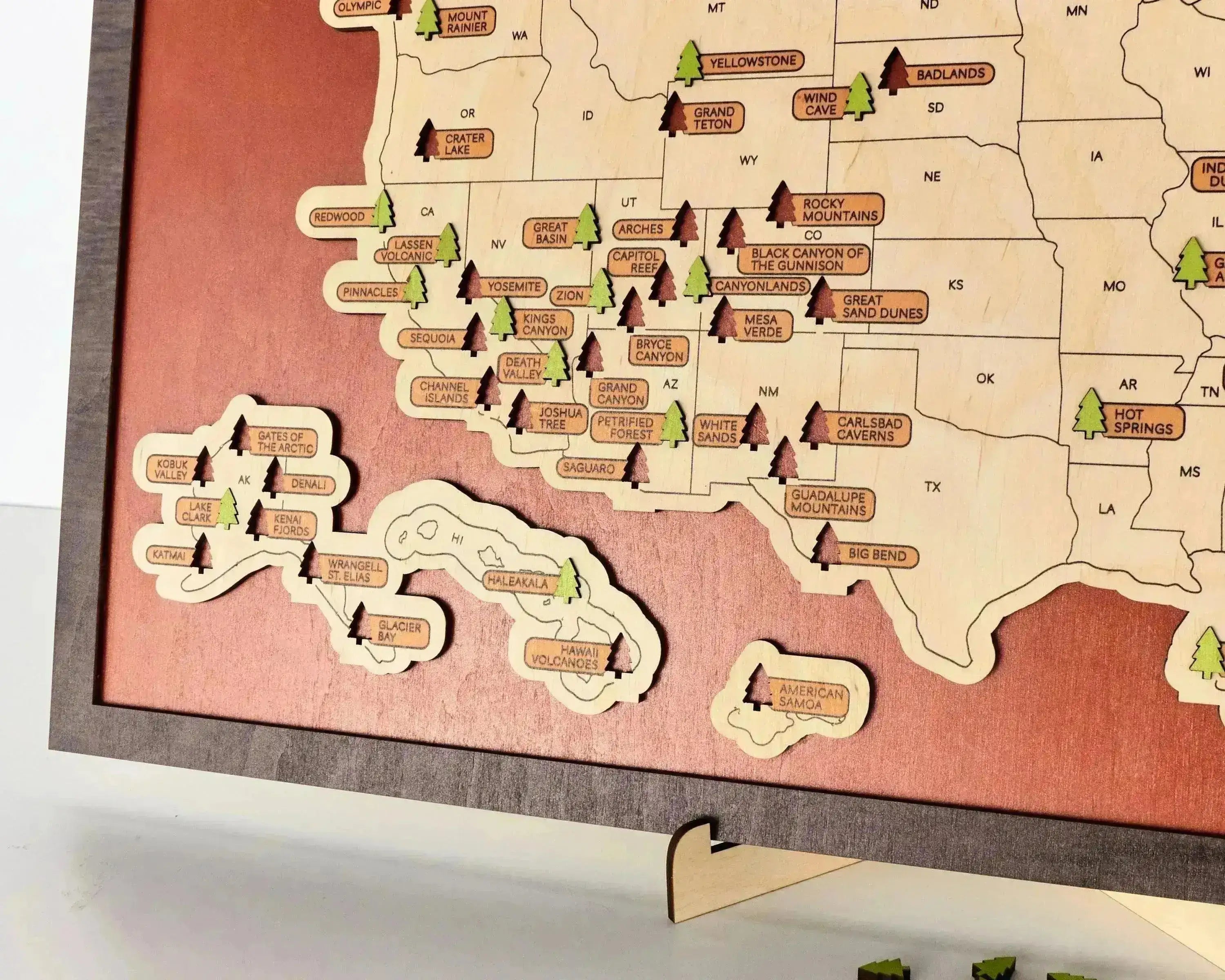 US Wooden National Parks Travel Map With Trees To Record Park Visits (Red) - Lemap