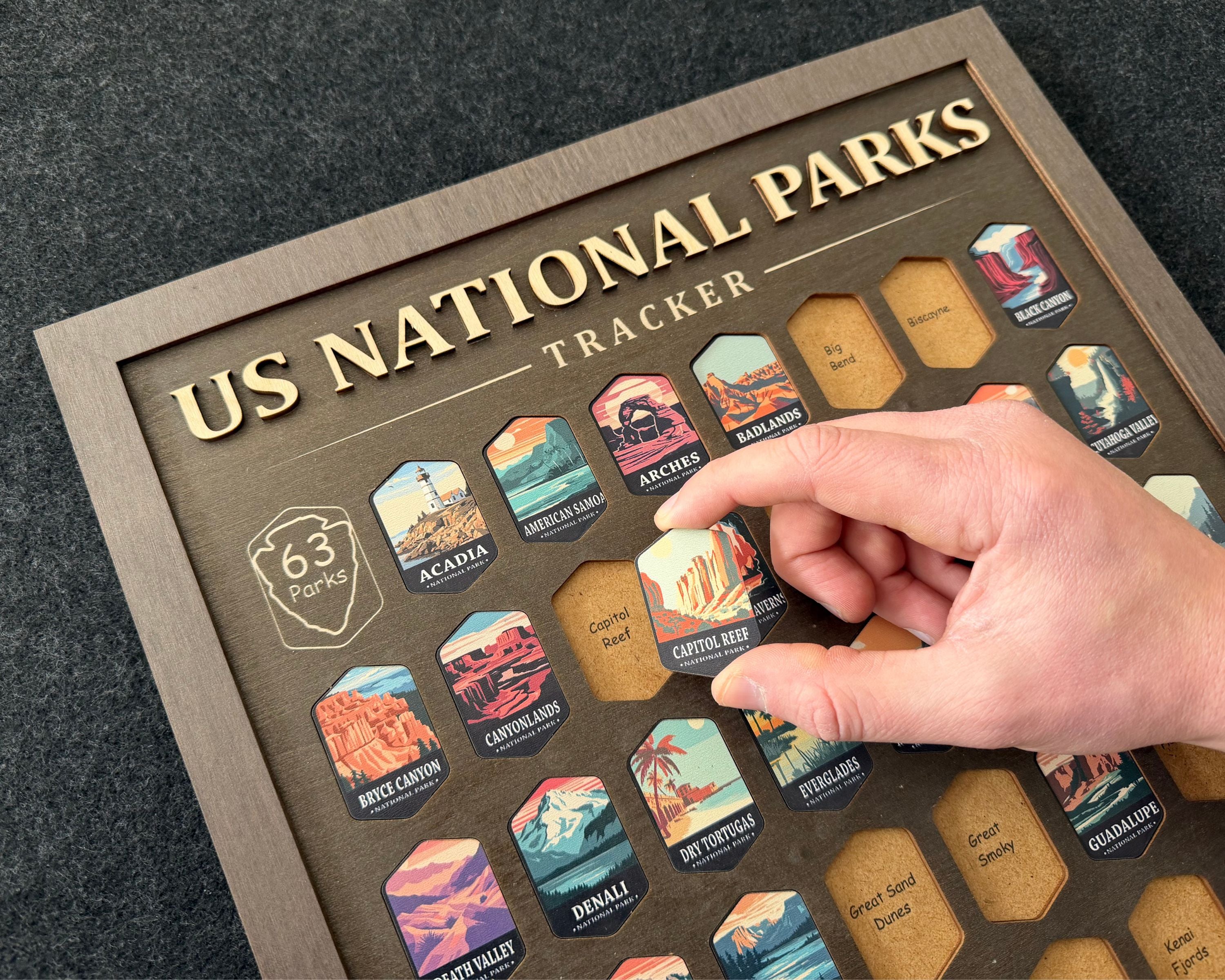 US National Parks Adventure Tracker - A handcrafted wooden board to track all 63 National Parks