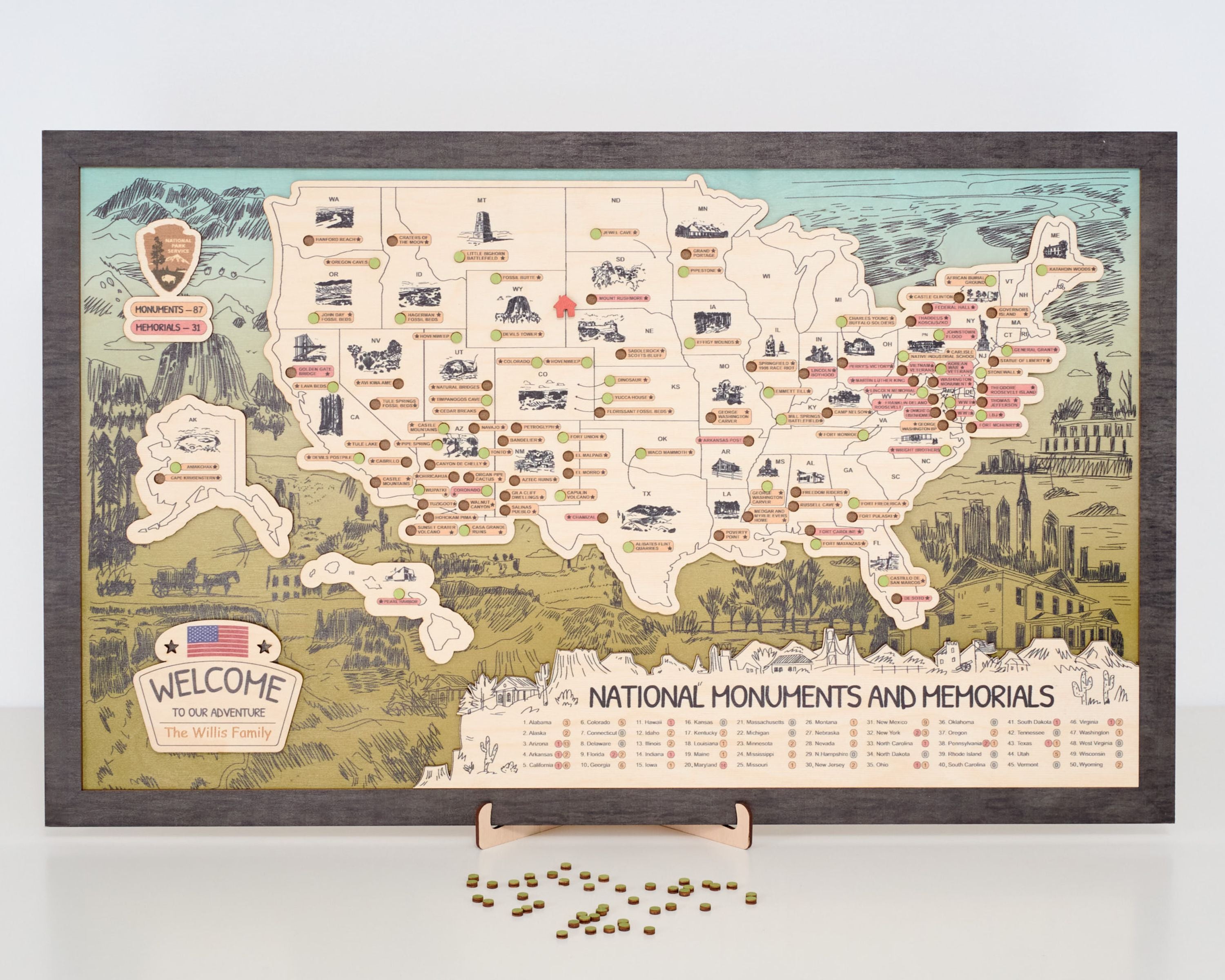 US Wooden National Monuments & Memorials Travel Map With Pins To Record Visits (Green Design)