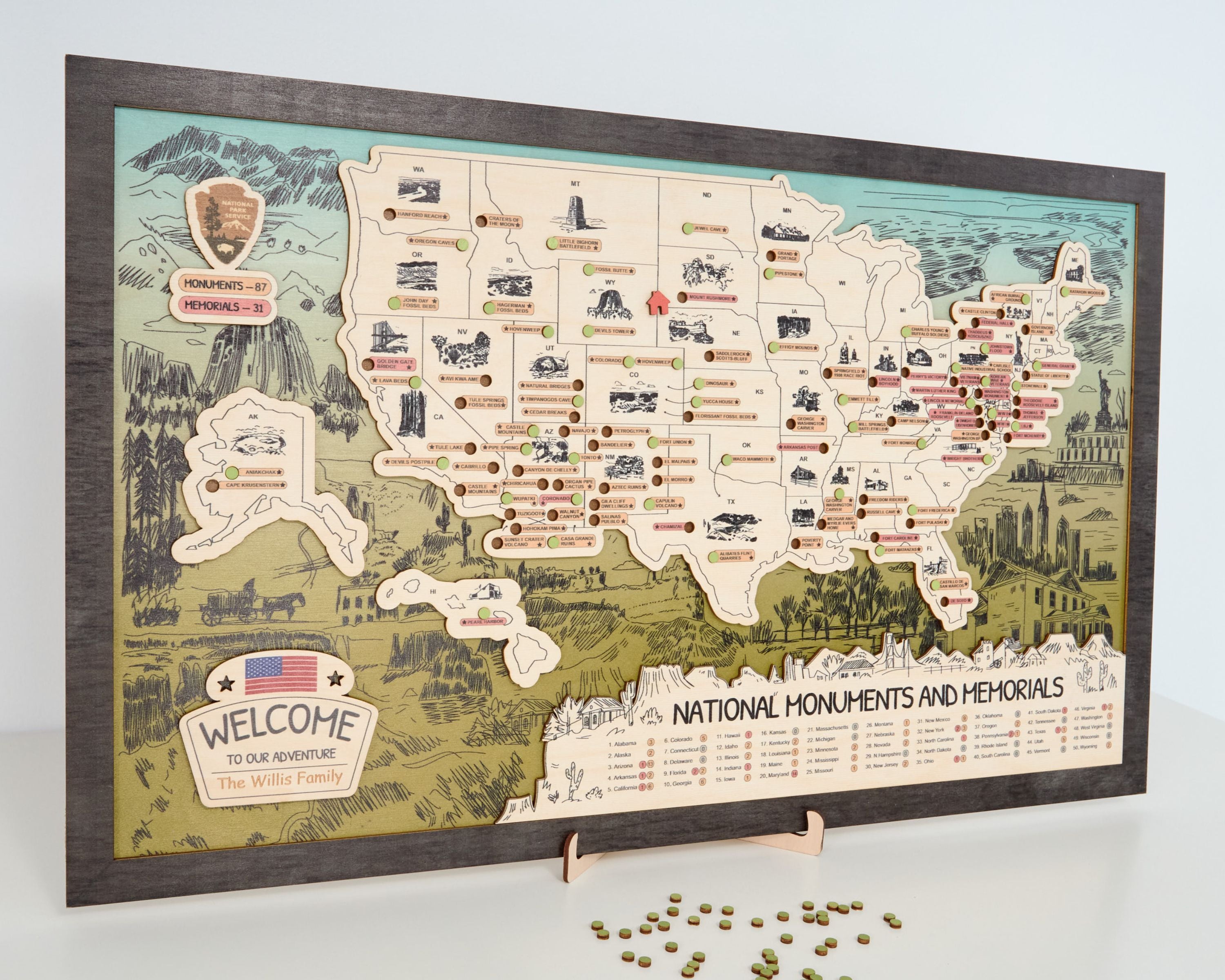 US Wooden National Monuments & Memorials Travel Map With Pins To Record Visits (Green Design)