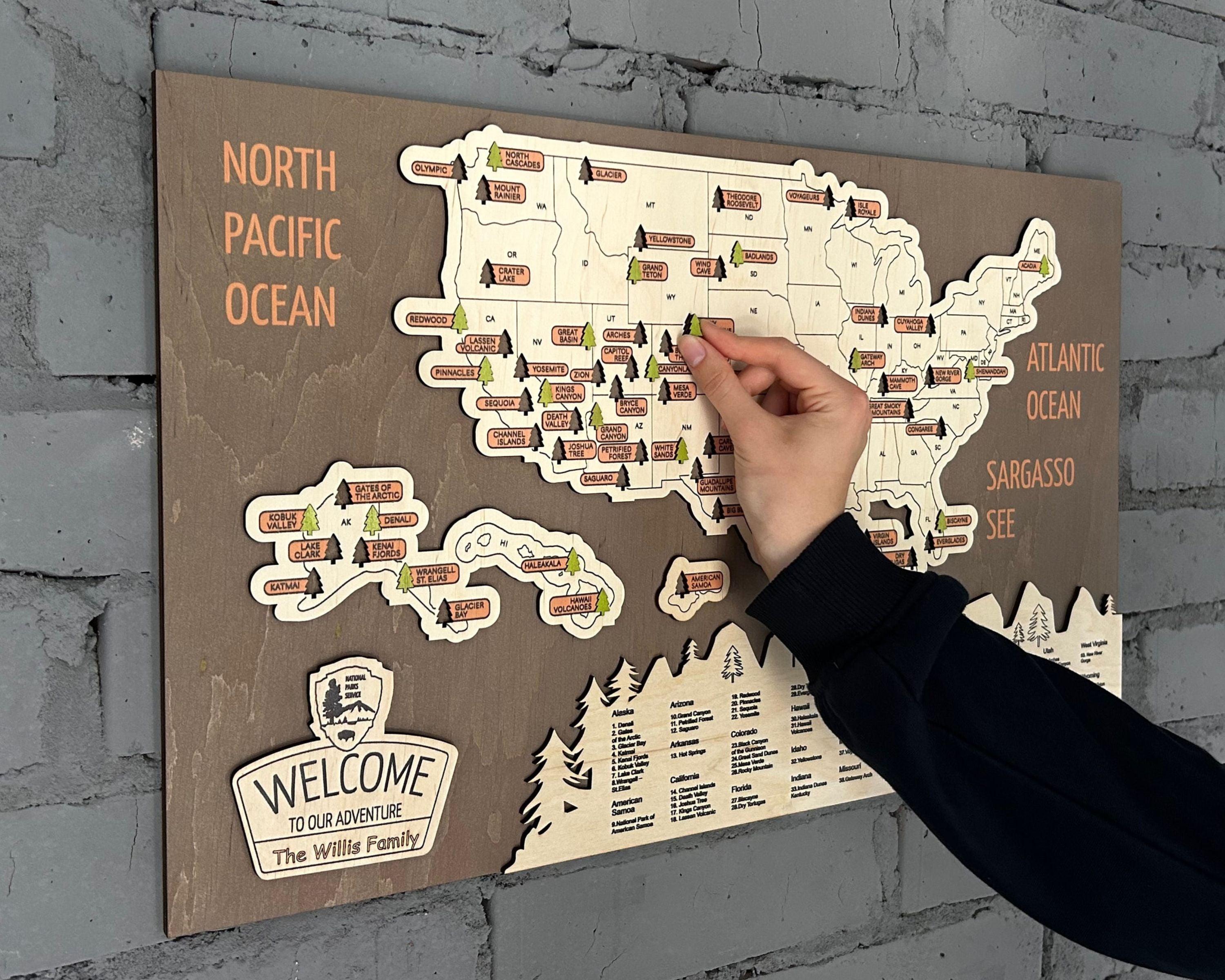 US 3D Wooden National Parks Travel Map With Trees To Record Park Visits (New Brown) - Lemap