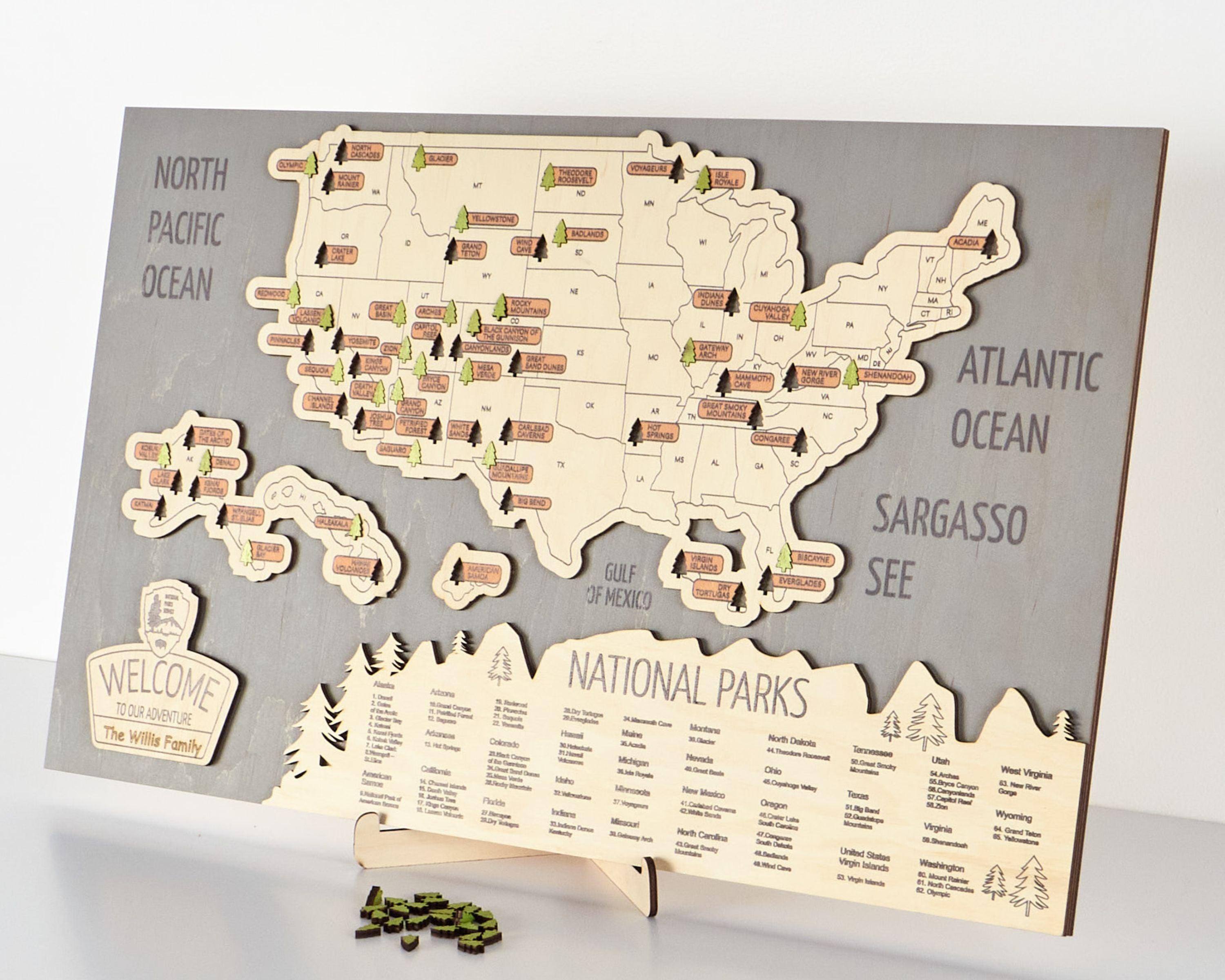 US 3D Wooden National Parks Travel Map With Trees To Record Park Visits (New Light Grey) - Lemap