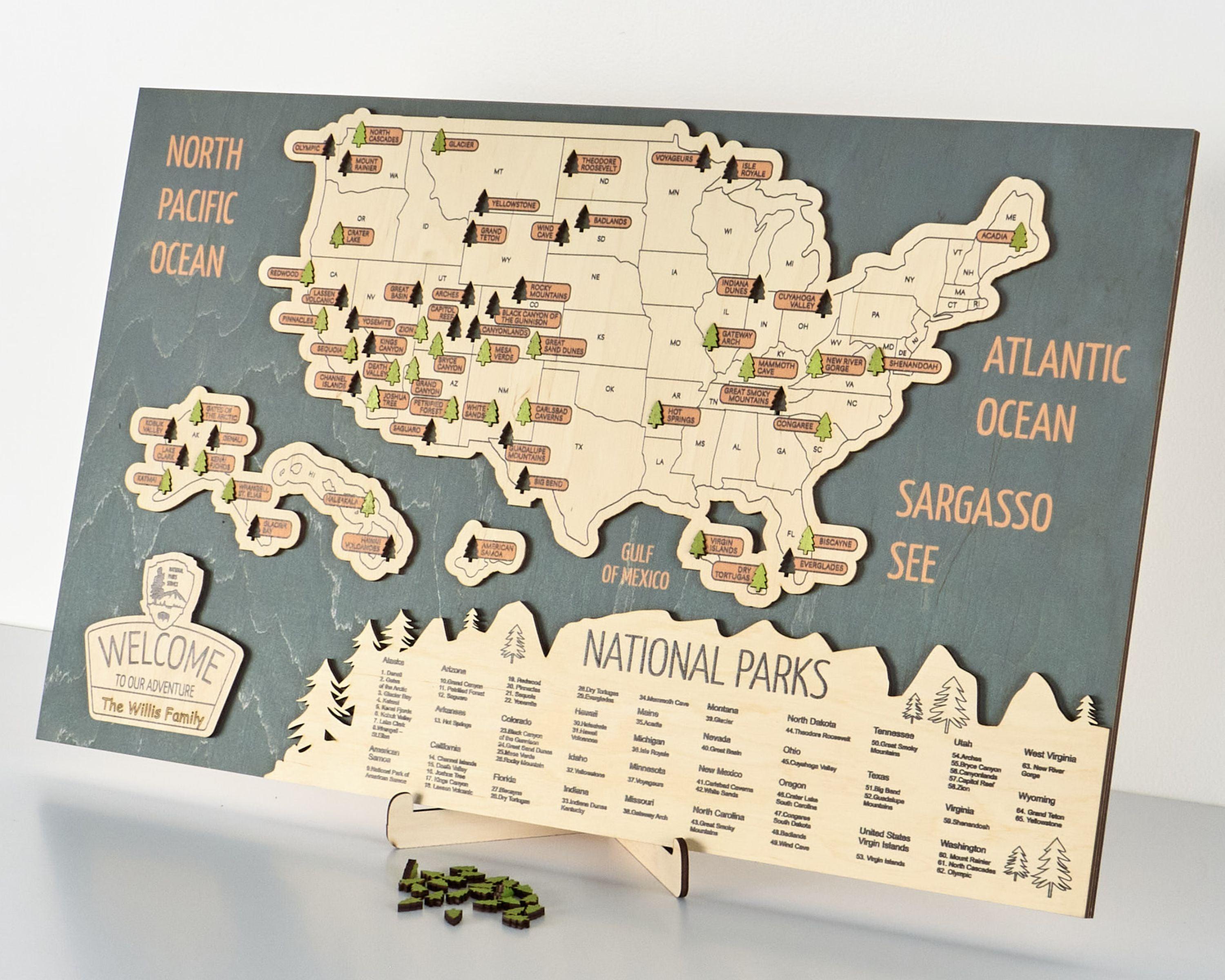 US 3D Wooden National Parks Travel Map With Trees To Record Park Visits (Sea Breeze) - Lemap