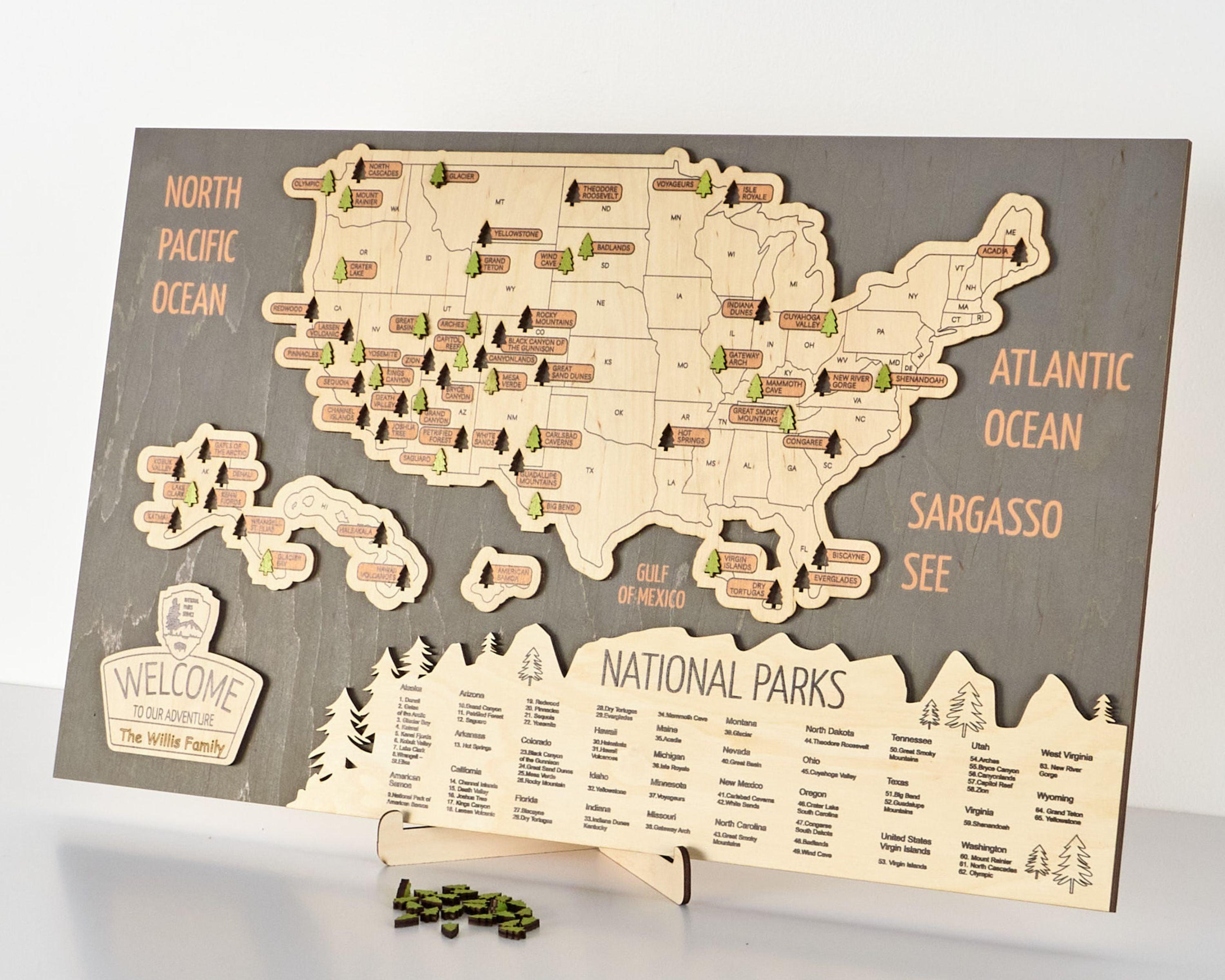 US 3D Wooden National Parks Travel Map With Trees To Record Park Visits (New Grey) - Lemap