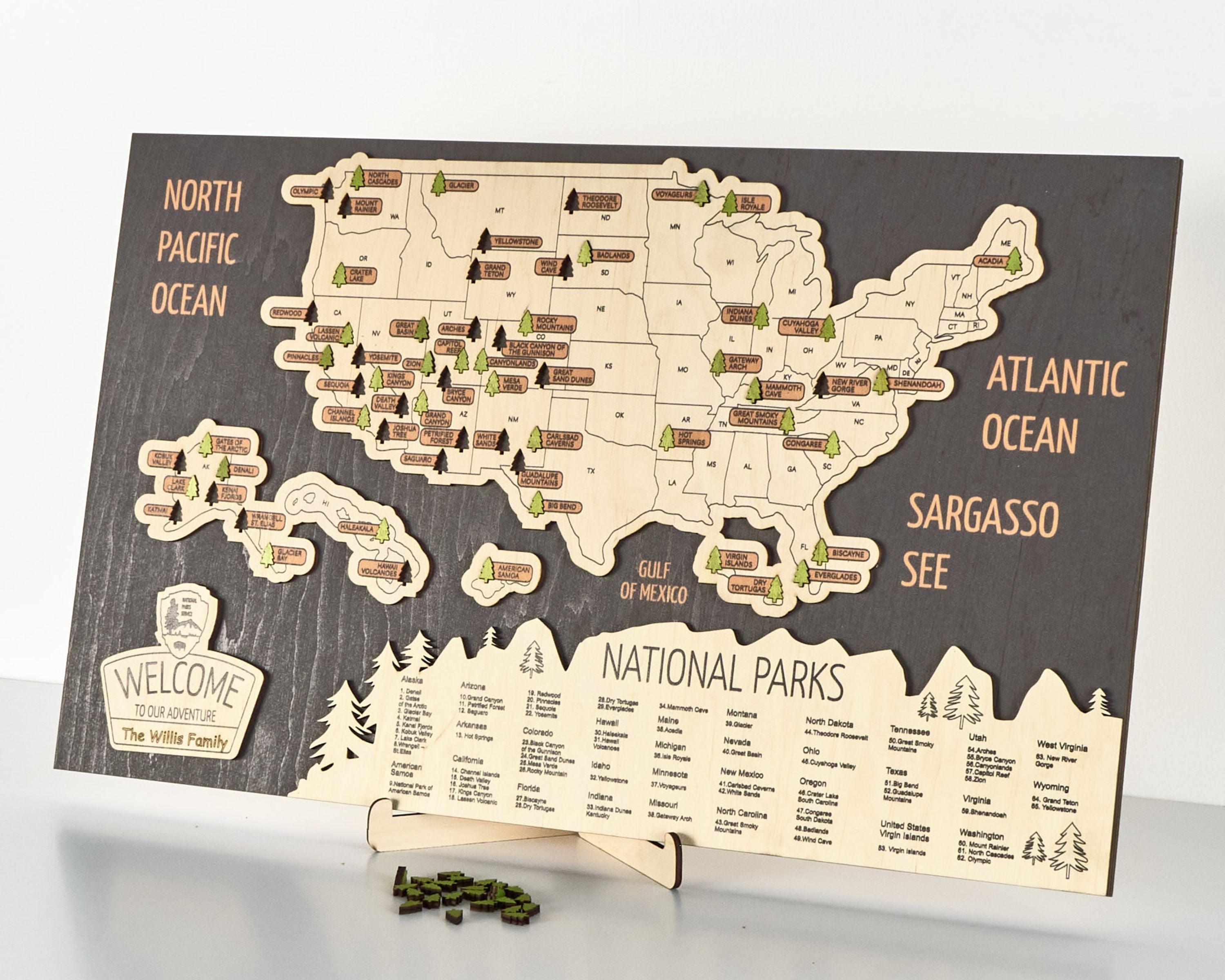 US 3D Wooden National Parks Travel Map With Trees To Record Park Visits (New Dark) - Lemap