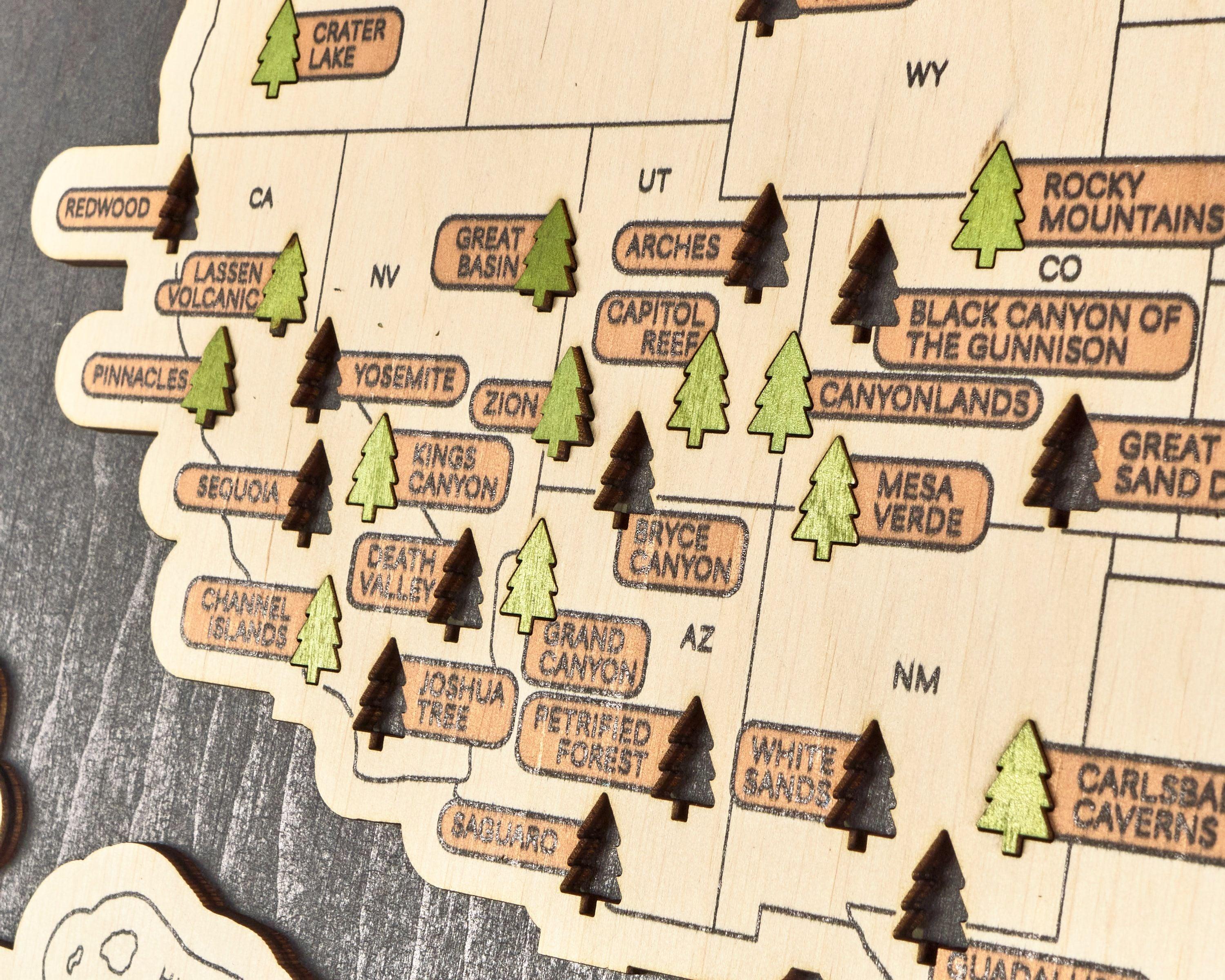 US 3D Wooden National Parks Travel Map With Trees To Record Park Visits (New Dark) - Lemap