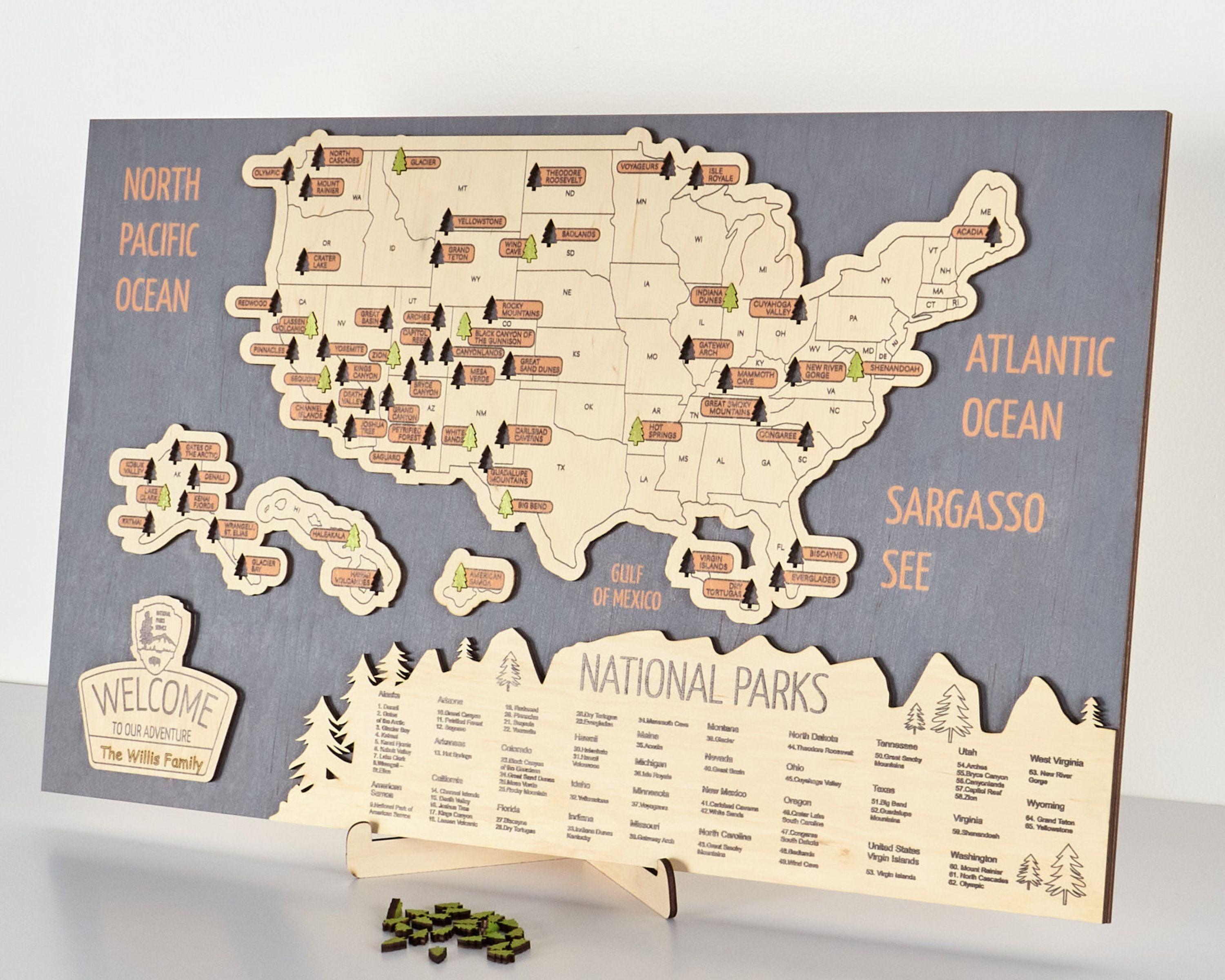 US 3D Wooden National Parks Travel Map With Trees To Record Park Visits (New Blue) - Lemap