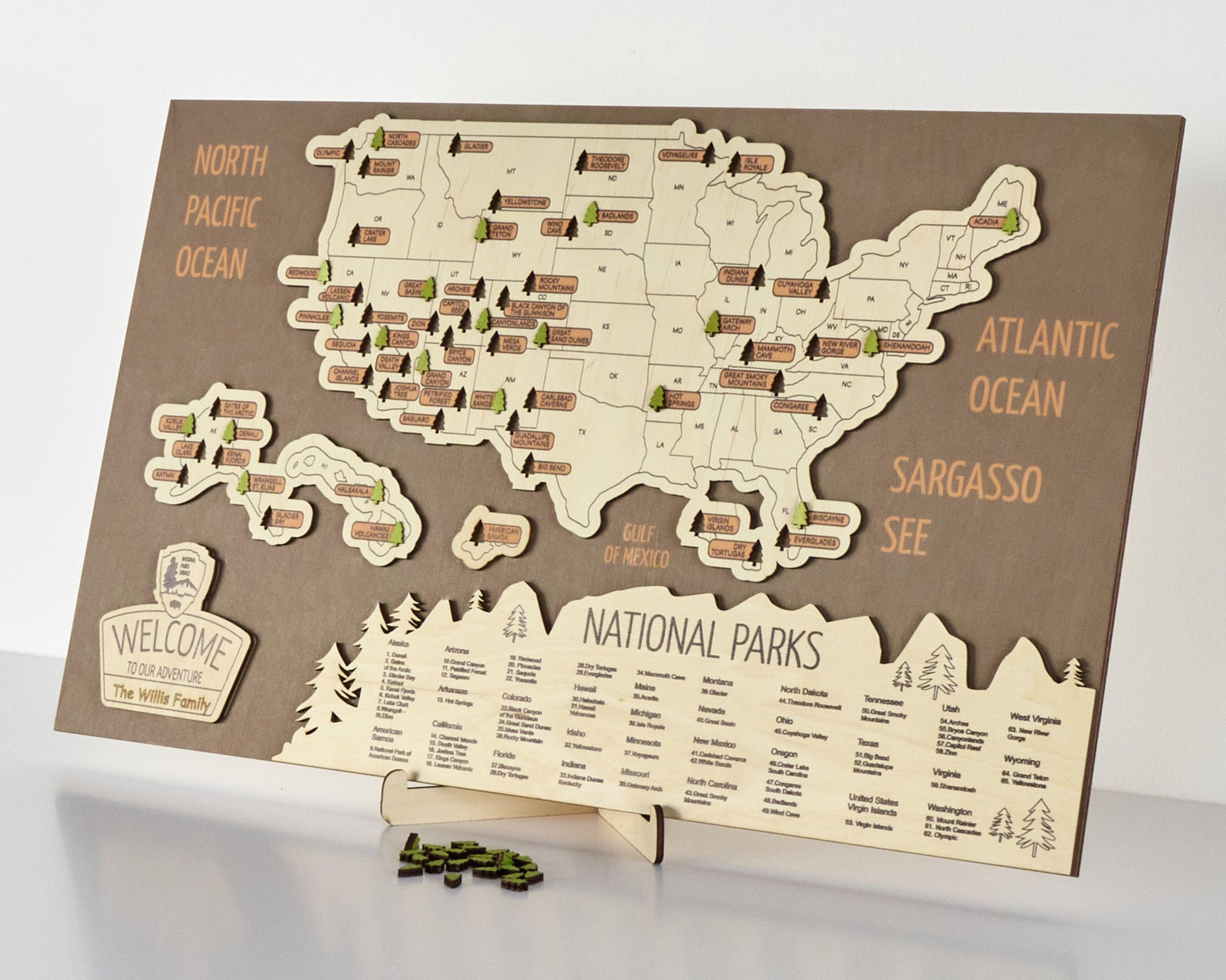 US 3D Wooden National Parks Travel Map With Trees To Record Park Visits (New Brown)