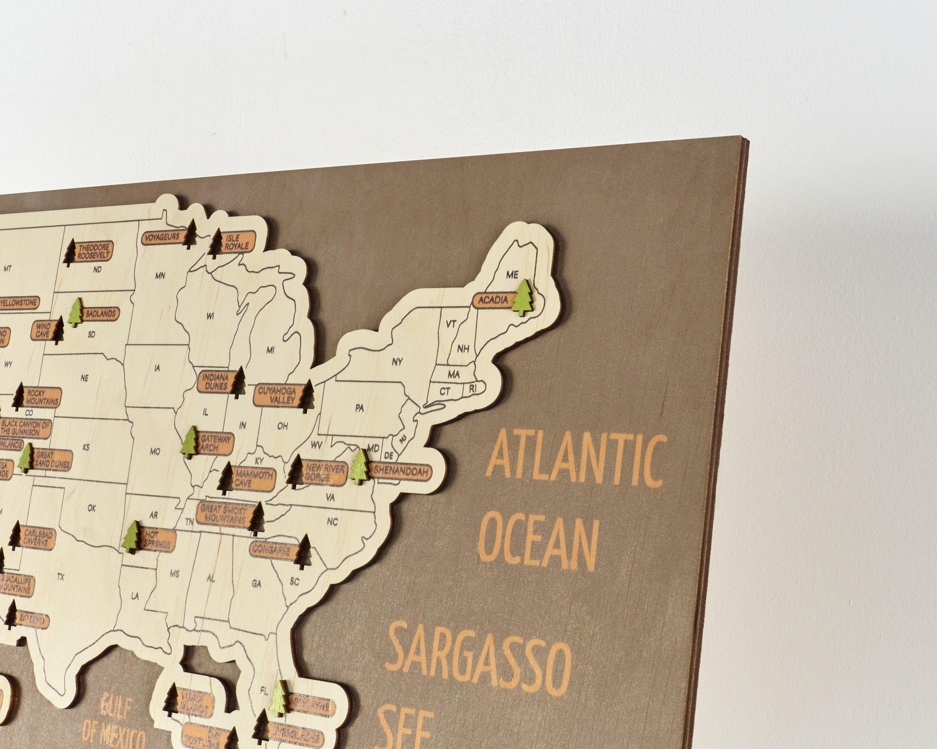 US 3D Wooden National Parks Travel Map With Trees To Record Park Visits (New Brown) - Lemap