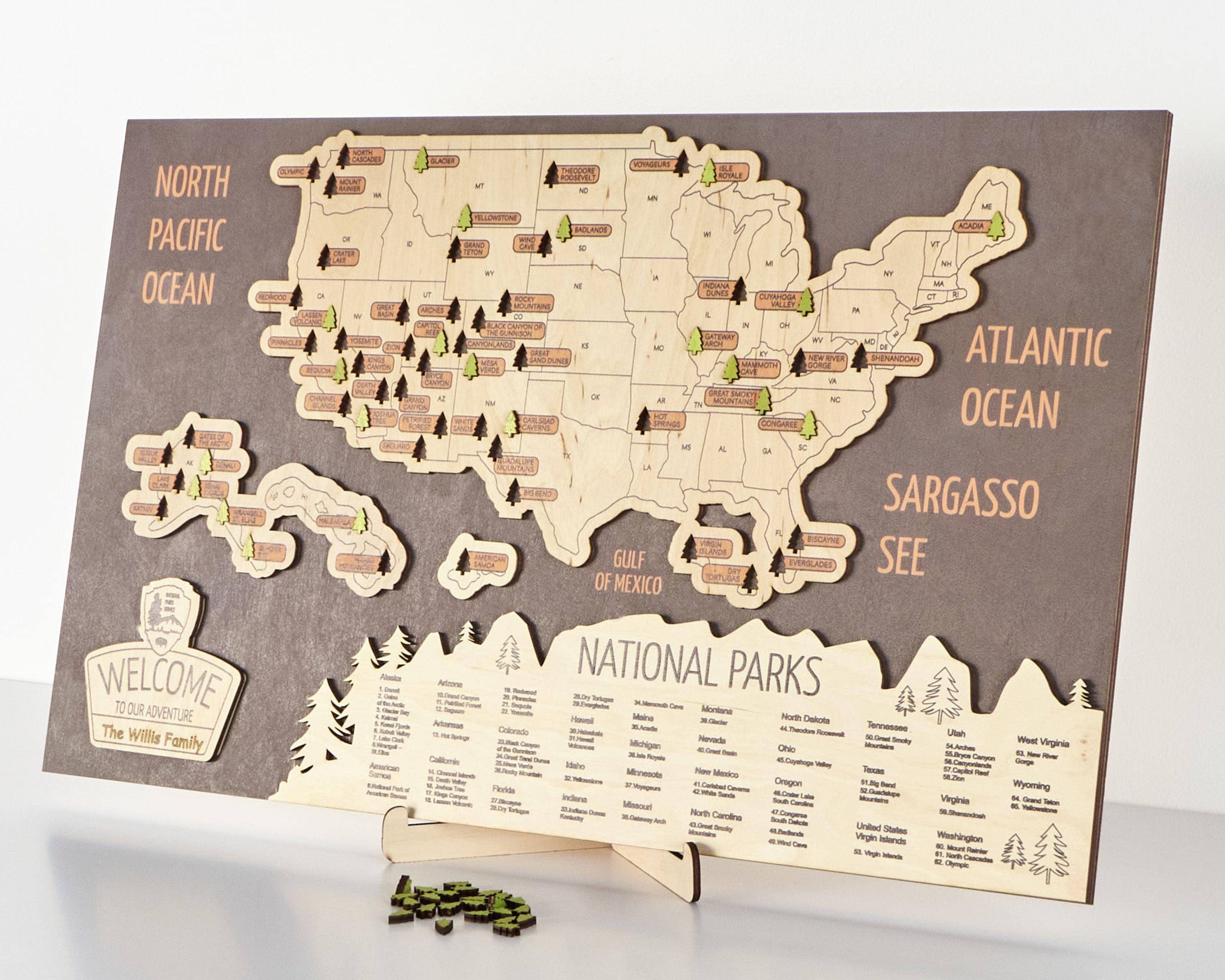US 3D Wooden National Parks Travel Map With Trees To Record Park Visits (New Coffee) - Lemap